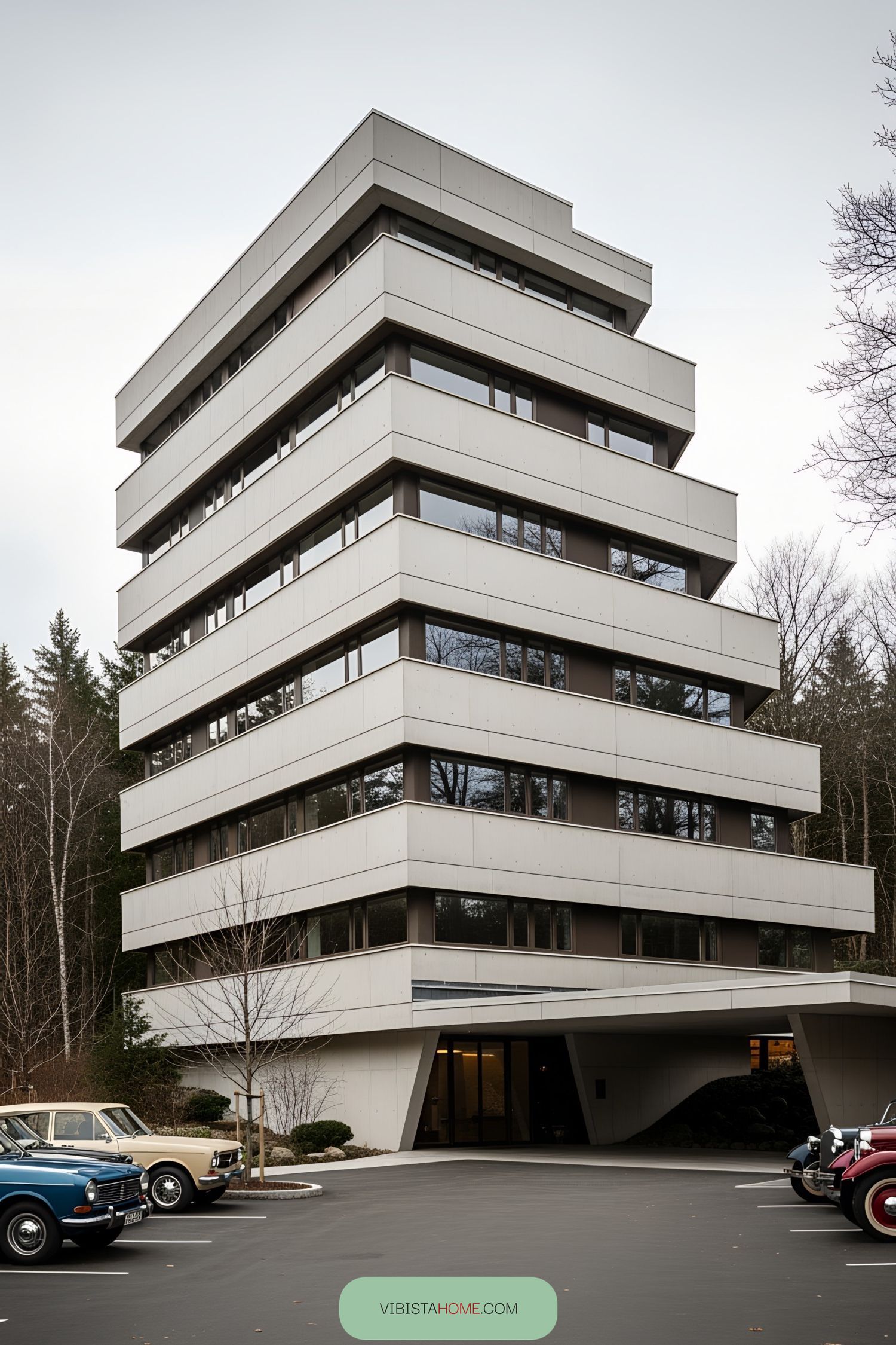 A modern, multi-layered building with parked vintage cars