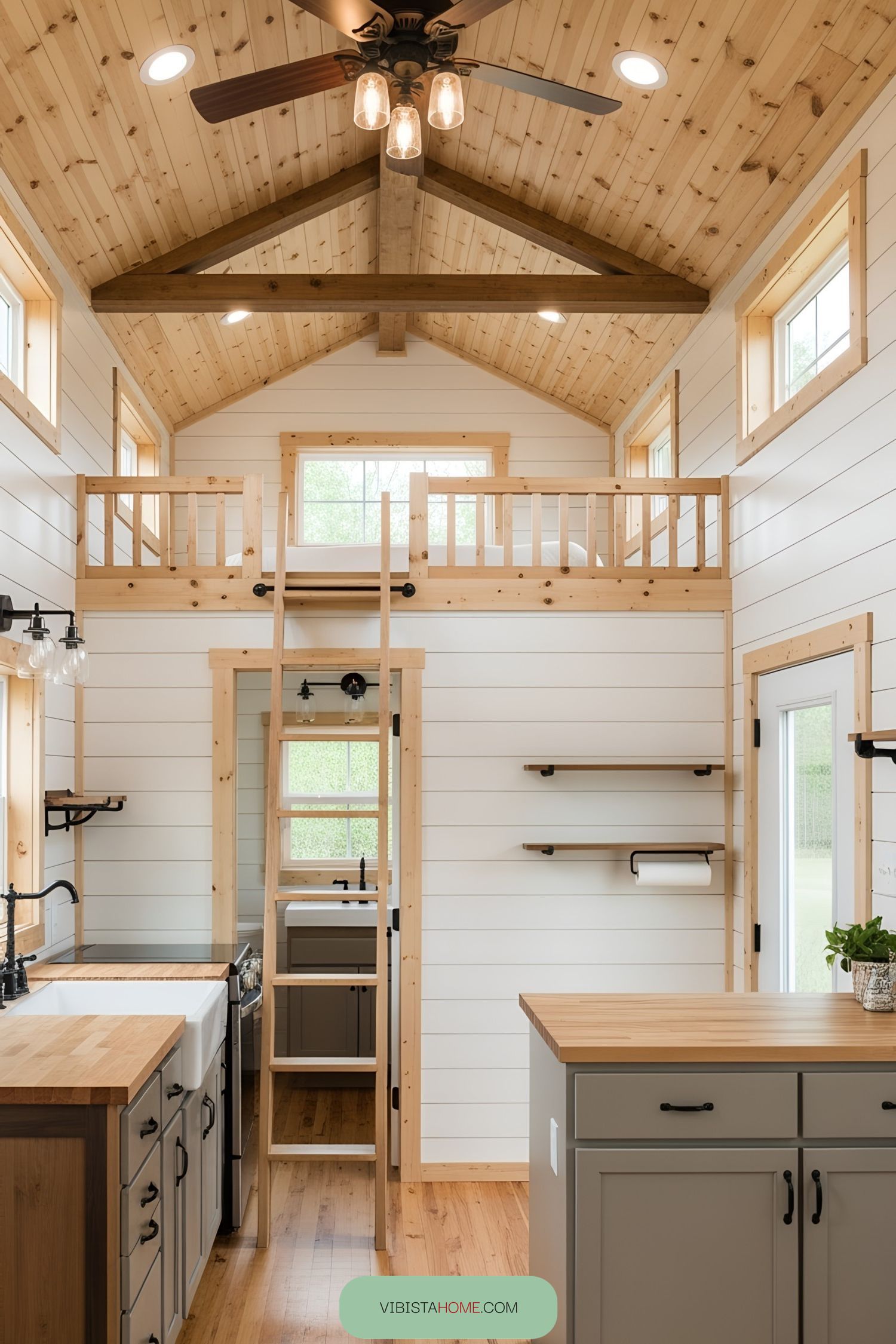Cozy lofted interior with wooden accents