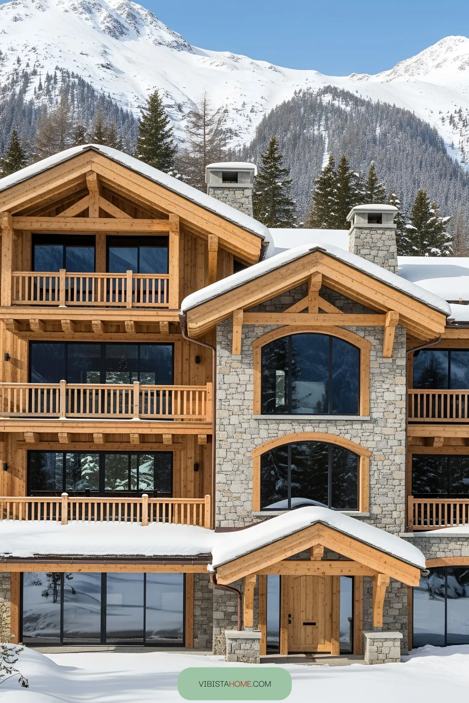 Exterior of a luxury chalet with snow-covered roof and mountains behind