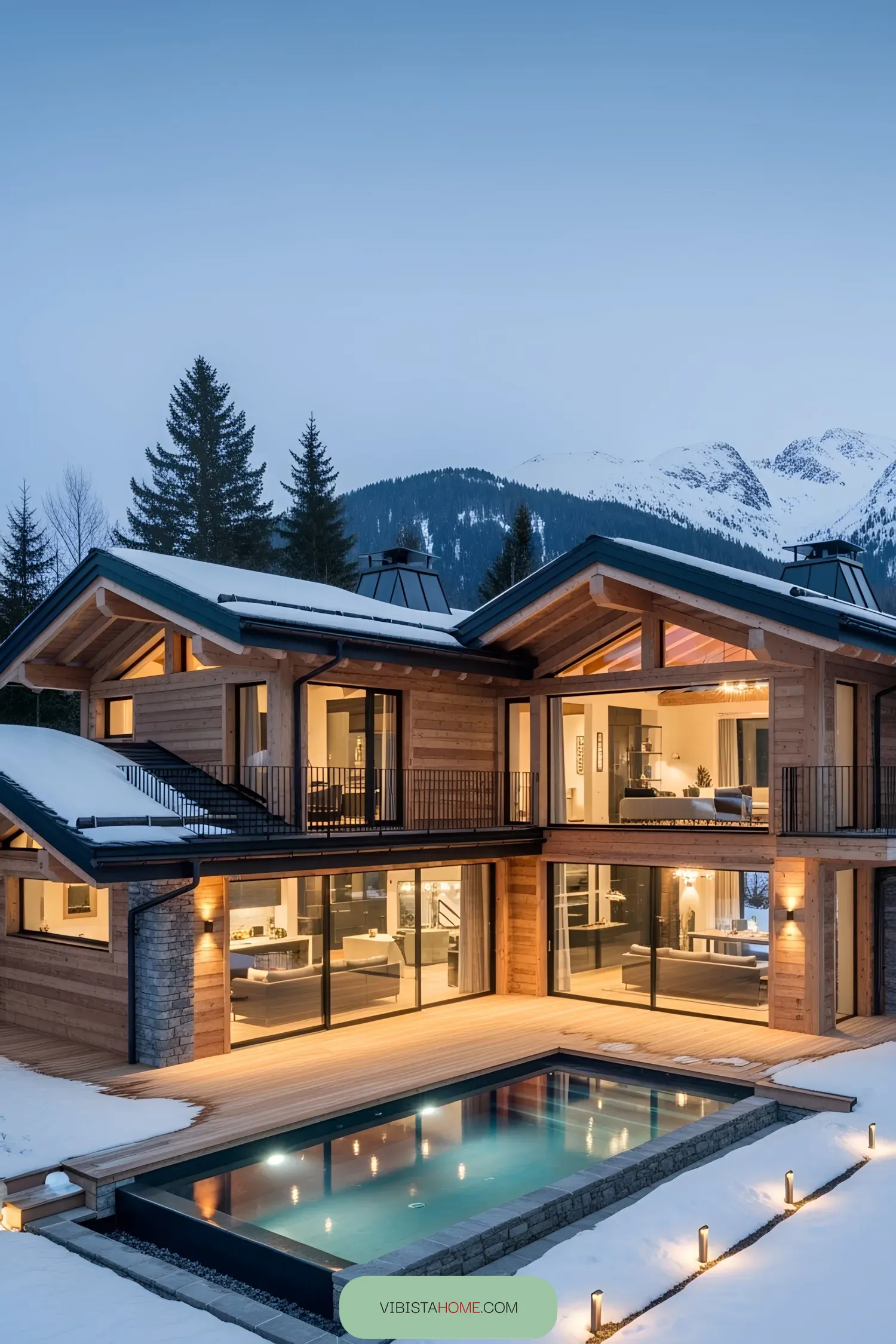 A luxurious chalet with large windows overlooking a snowy landscape and an illuminated pool