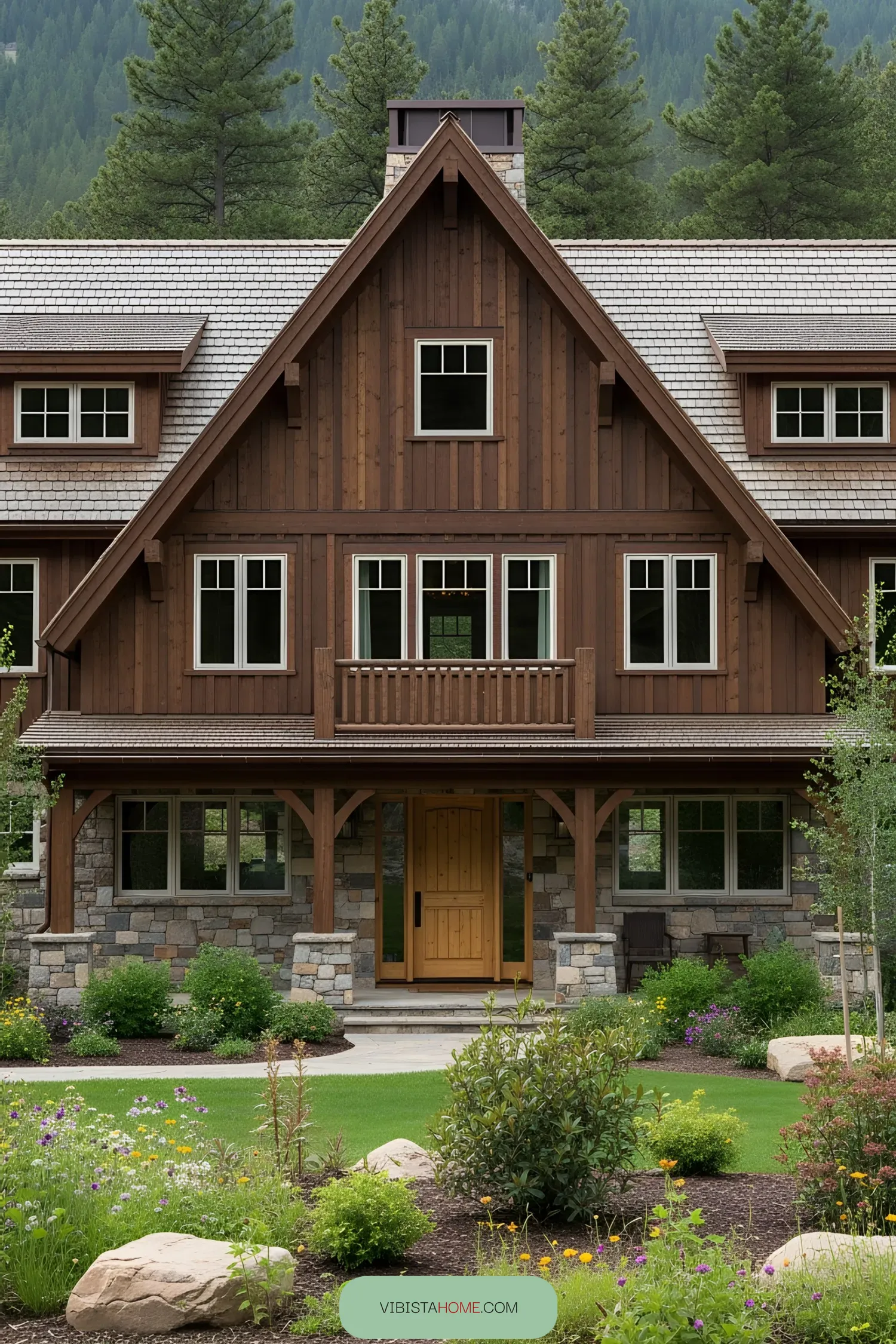 Charming lodge with stone base and wooden upper story