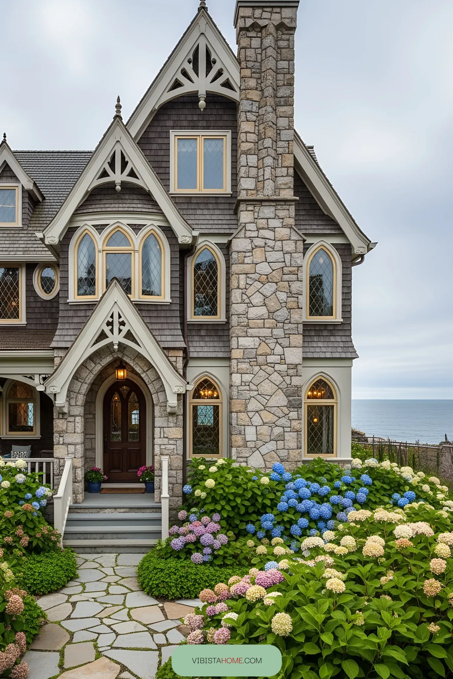 Charming Gothic house with stone accents by the ocean