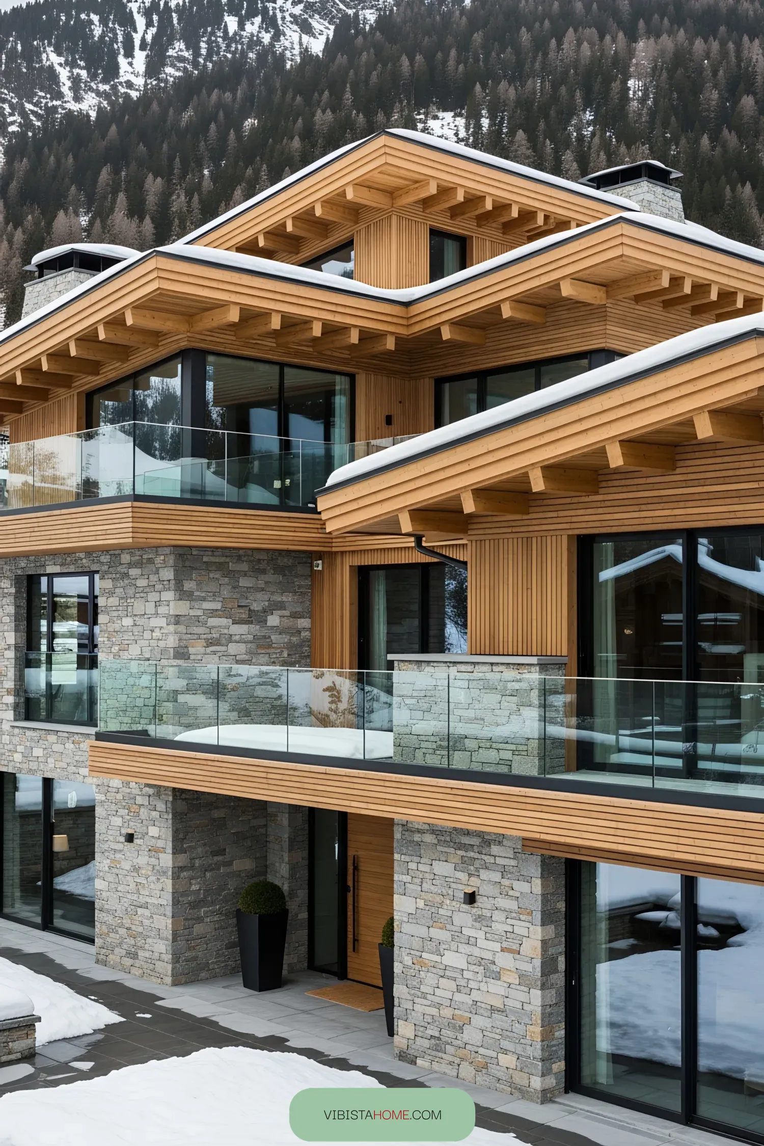 Luxury chalet exterior crafted from wood and stone