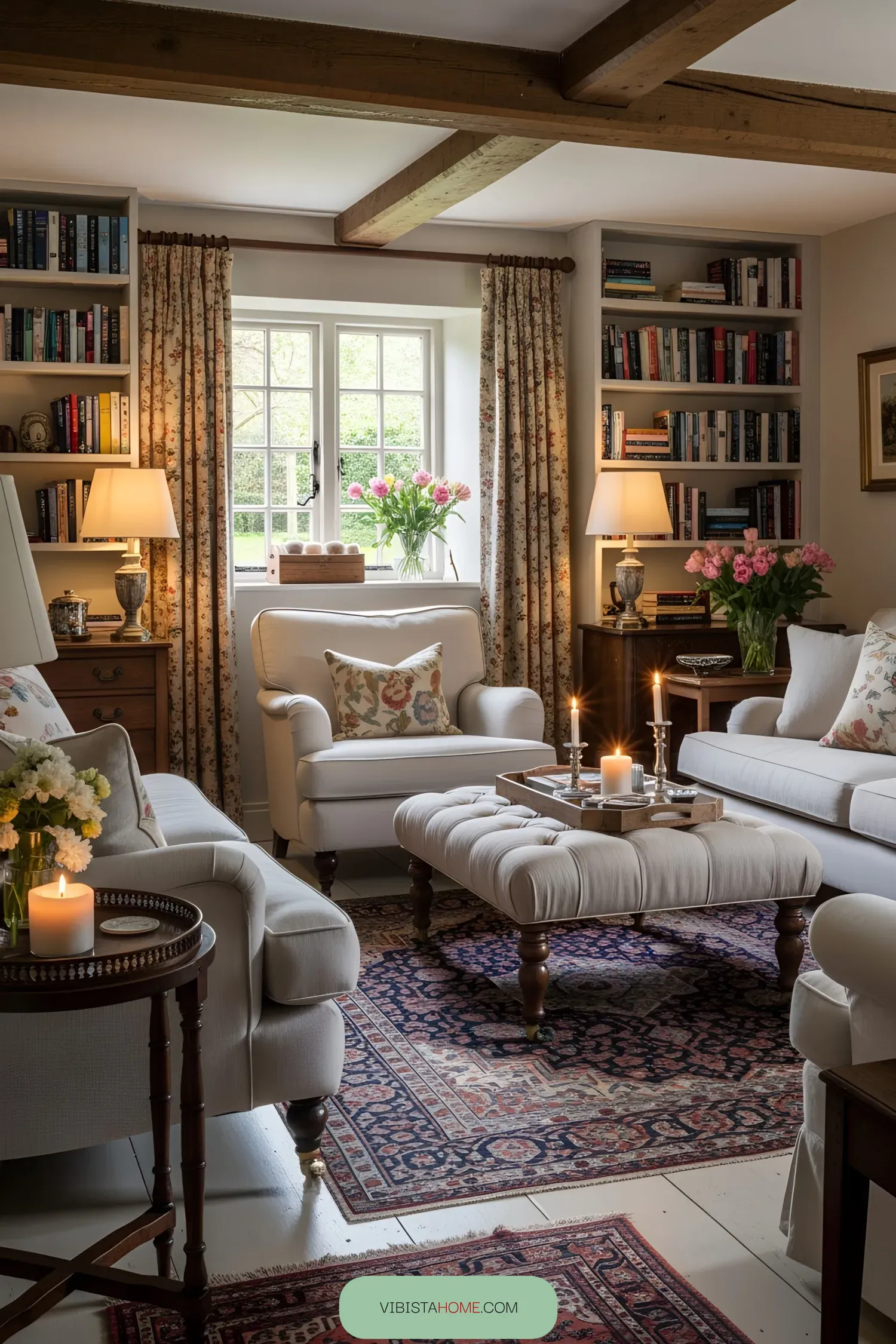 Bright British cottage living room with floral accents
