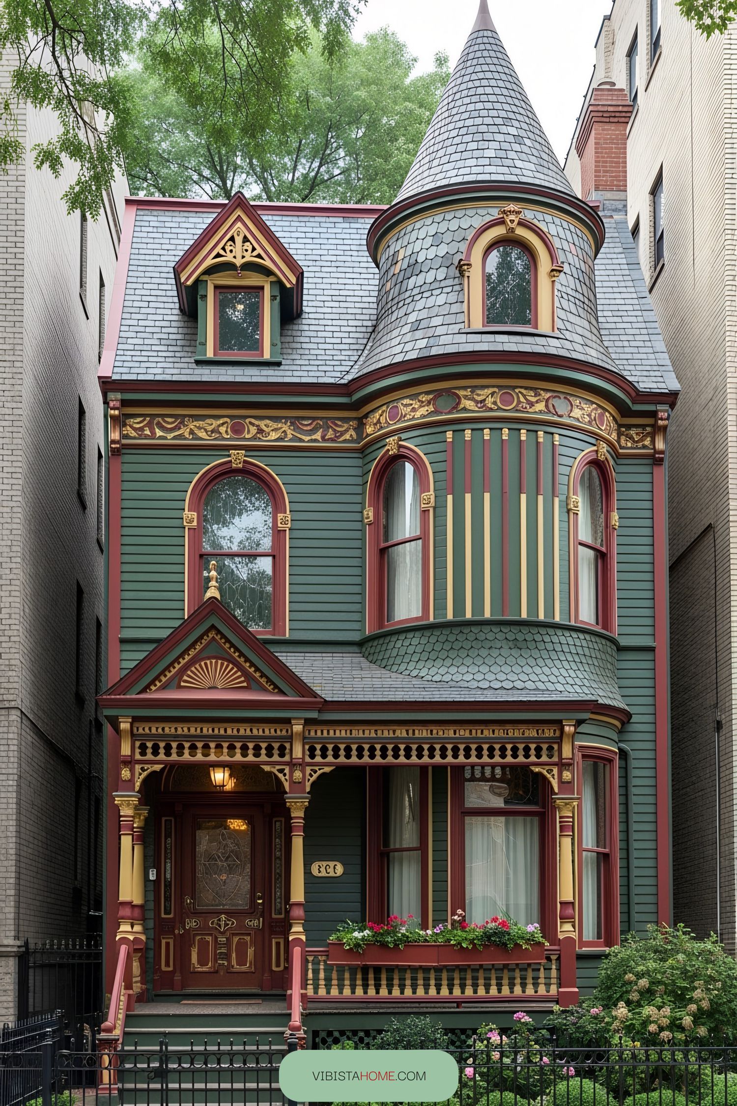 Colorful Gothic Victorian house with a turret