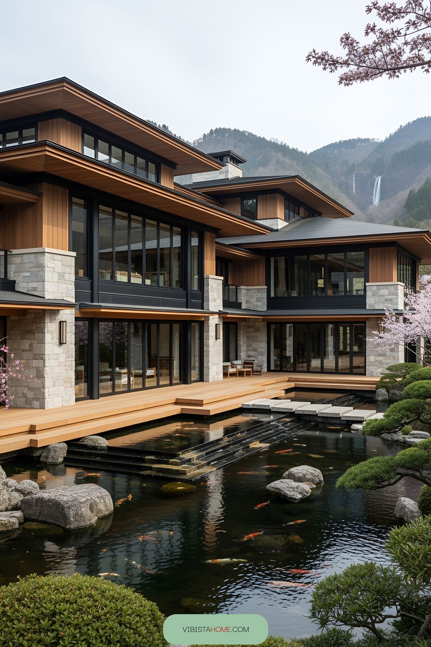 Modern Japanese house with koi pond