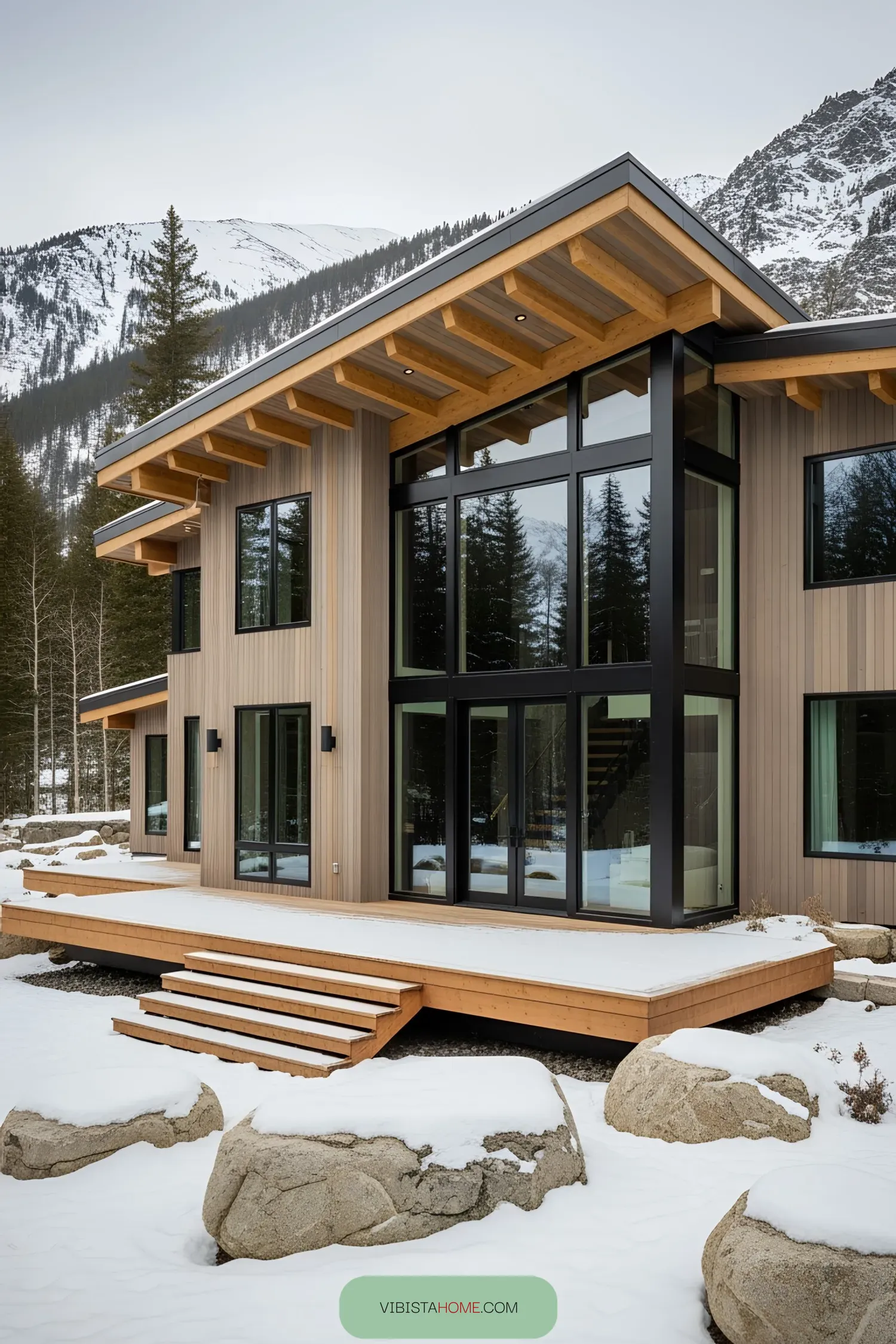 Modern chalet with large glass windows in a snowy mountain setting