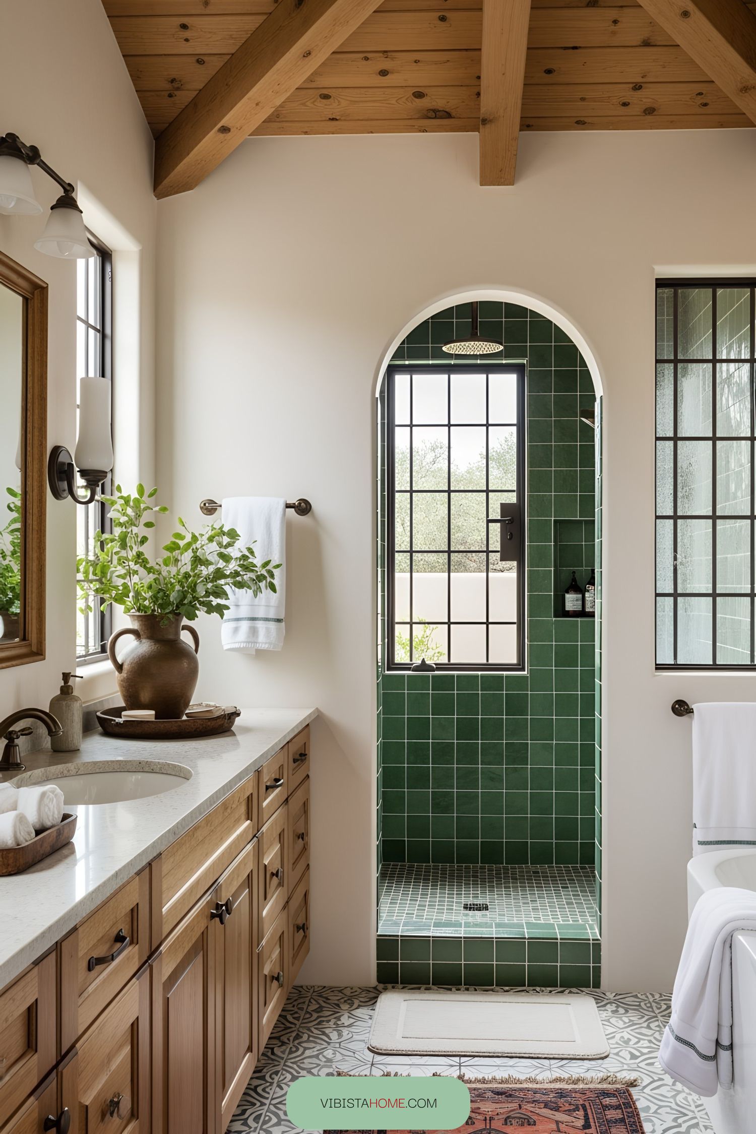 Rustic bathroom featuring green tiled shower and wooden ceiling