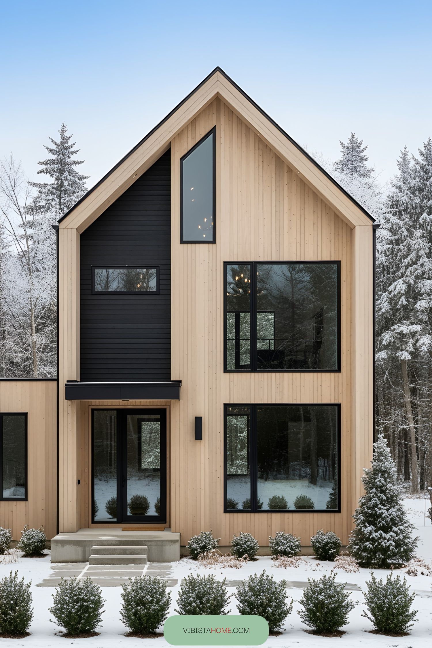 Modern Scandinavian farmhouse with wooden exterior and black accents