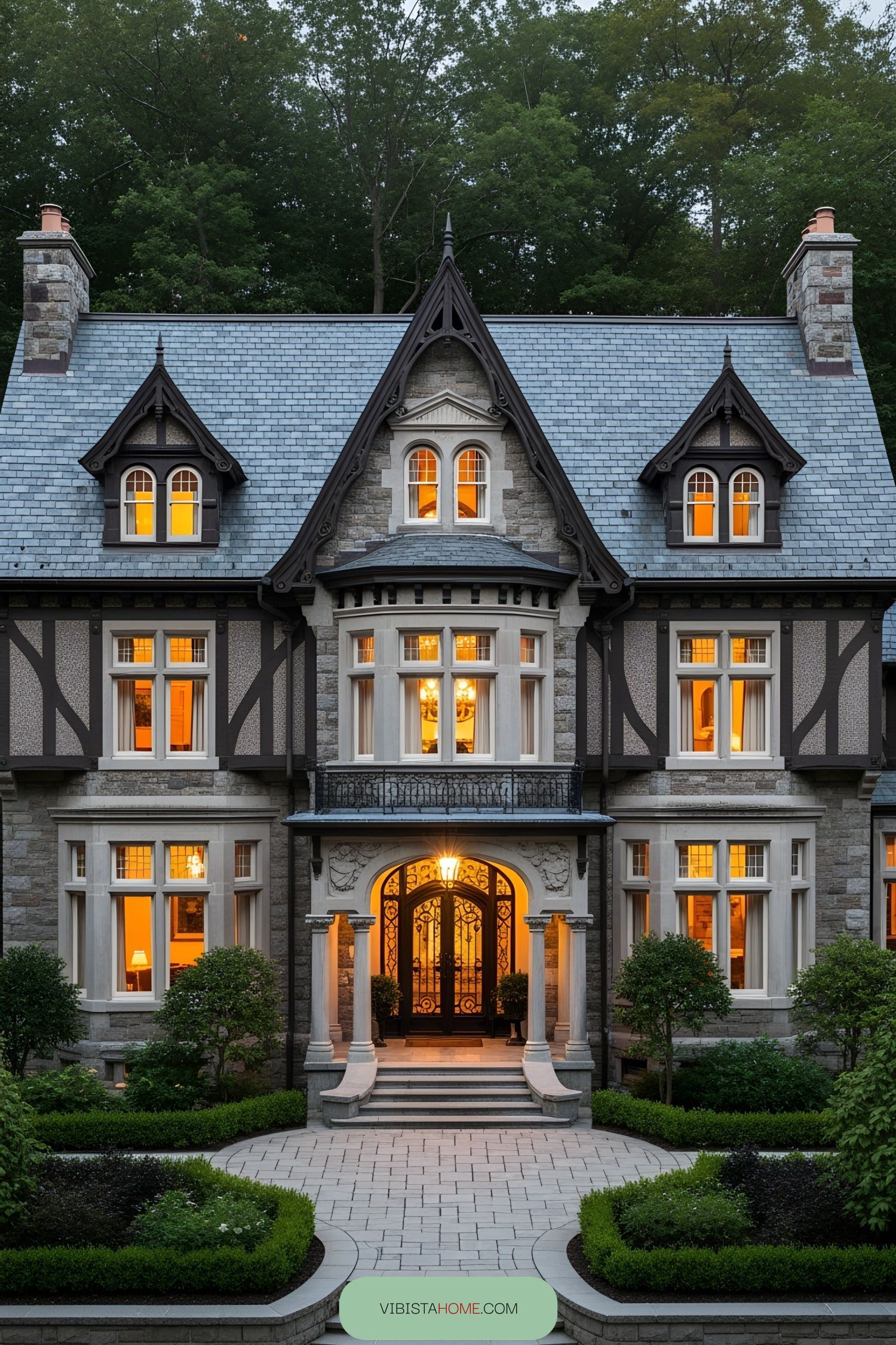 Grand Victorian-style house with pointed roofs and bright windows