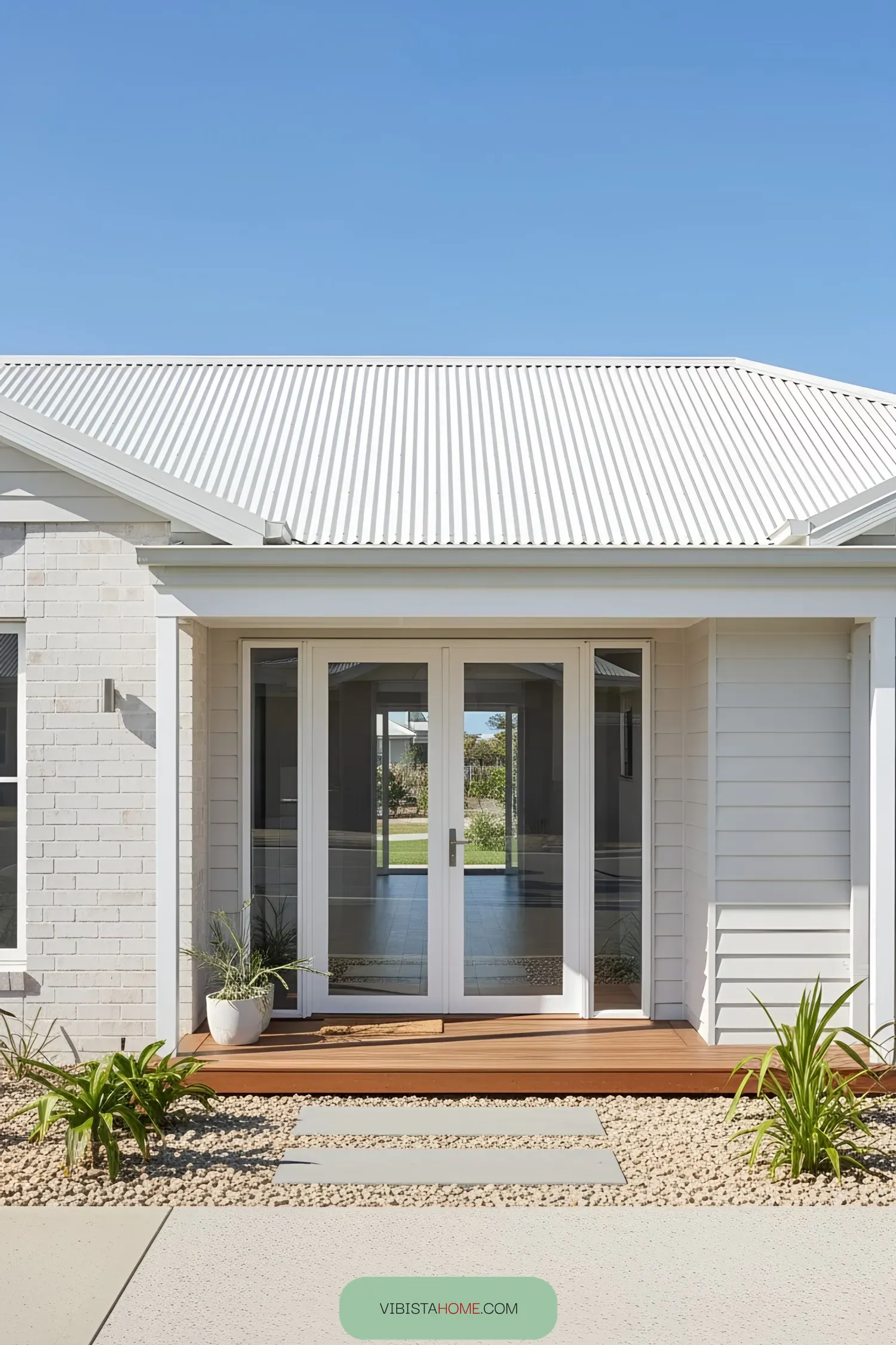 Front view of a modern coastal house with white facade