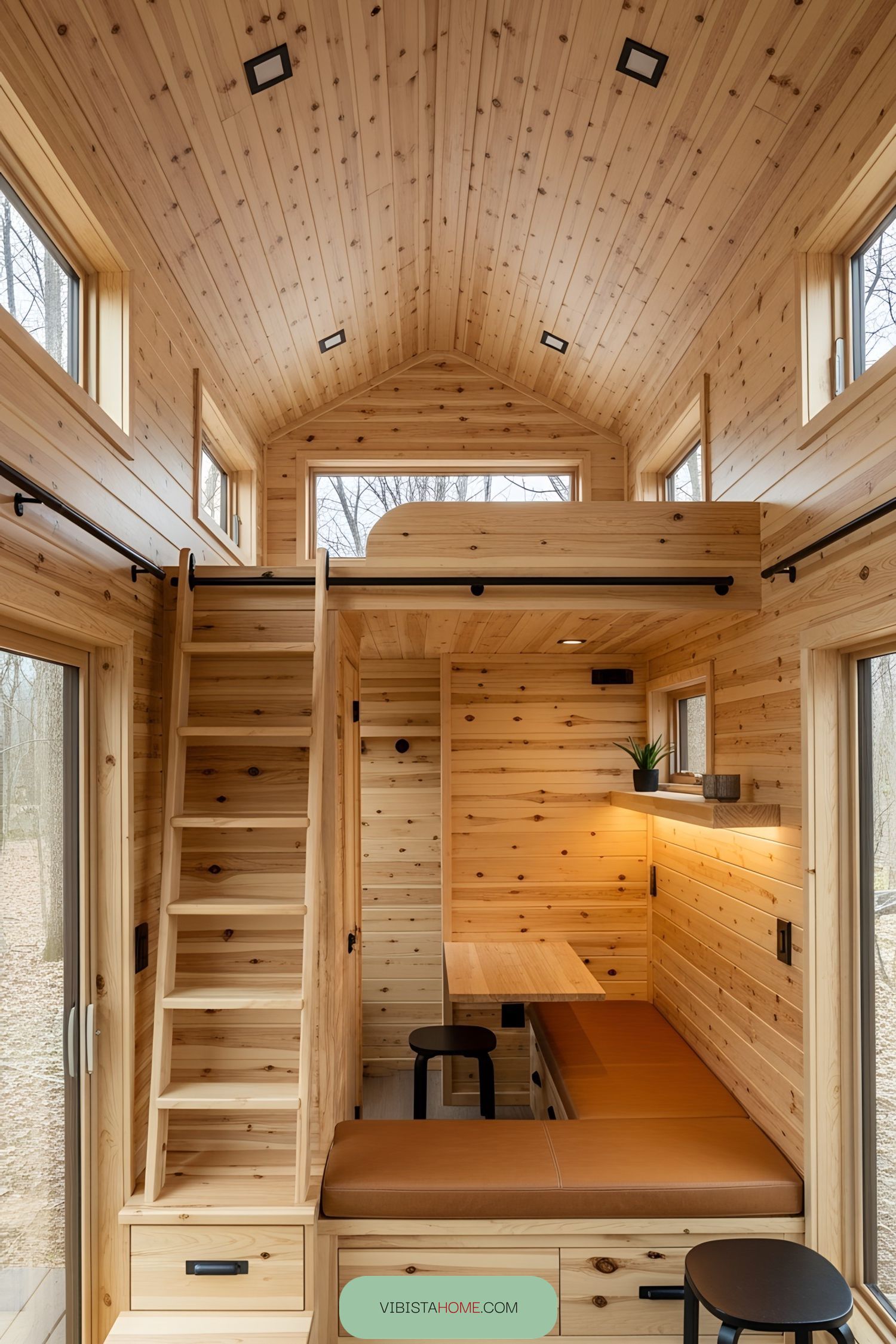 Cozy interior with wooden loft and built-in furniture