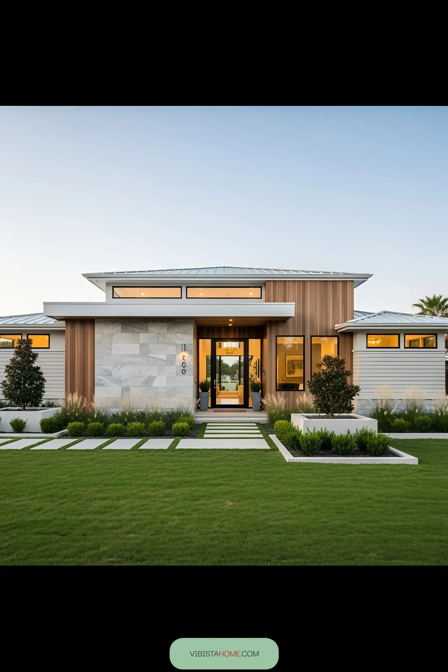 Contemporary house with sleek design elements and lush garden