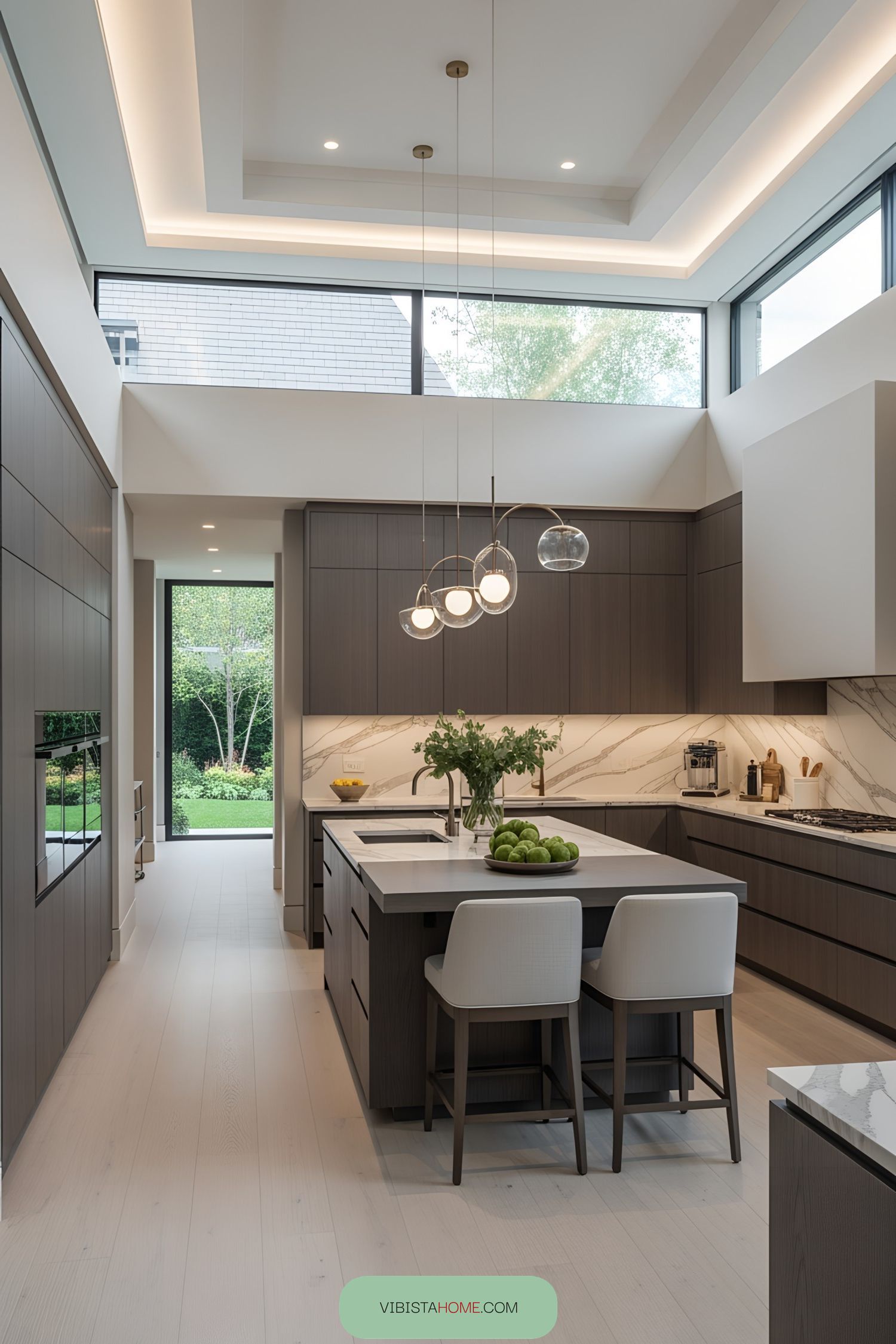 Contemporary kitchen with high ceilings and garden views