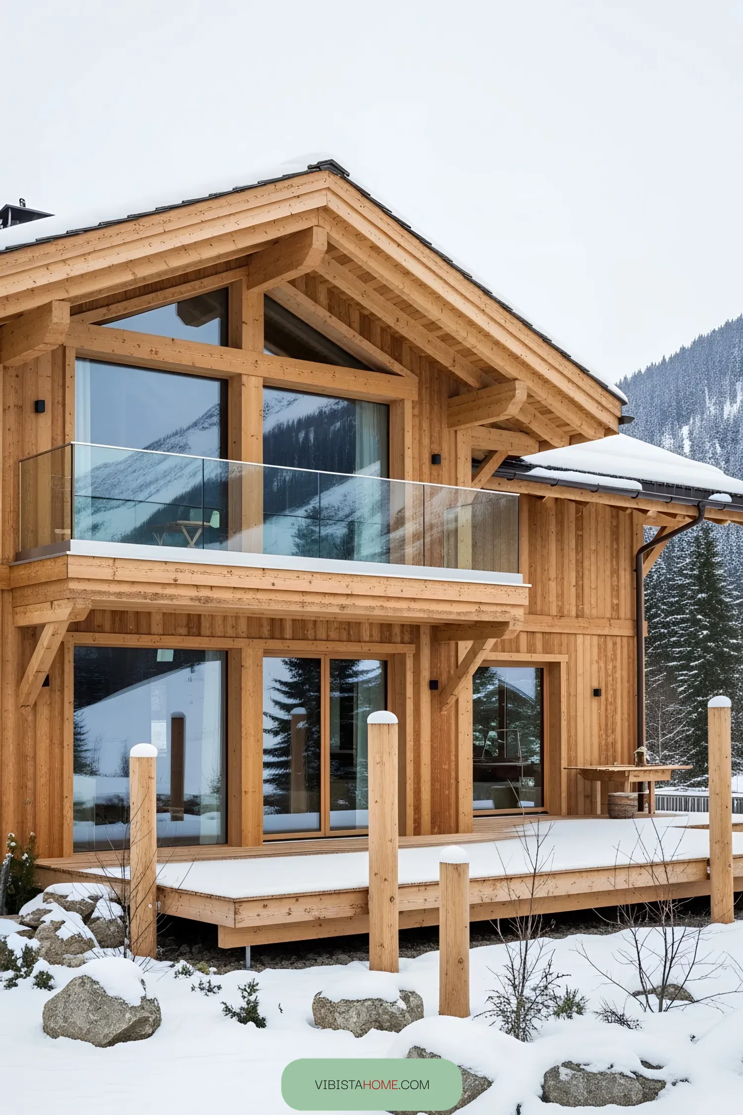 Wooden chalet with glass balconies in a snowy landscape
