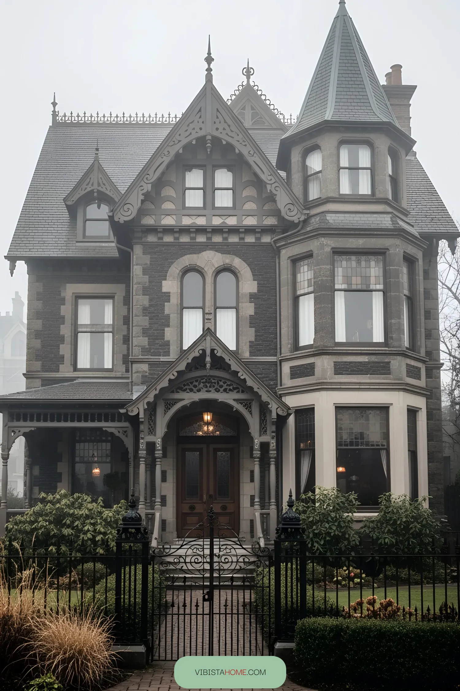 Victorian house with ornate details and overcast sky