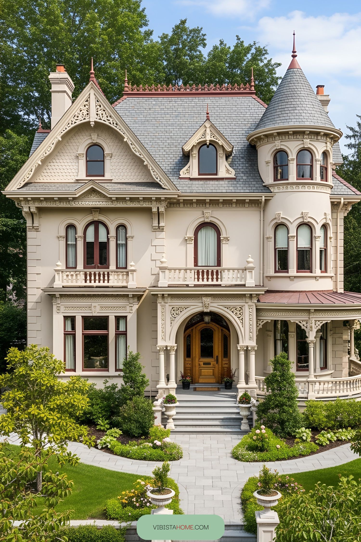 Elegant Victorian house with ornate details and lush garden
