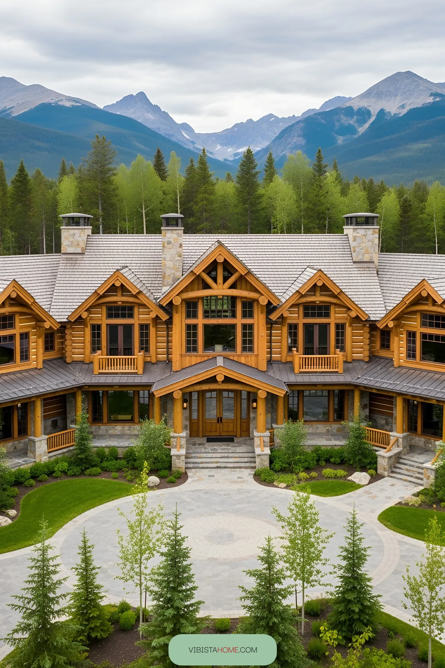 Wooden lodge with majestic mountains and vibrant forest backdrop
