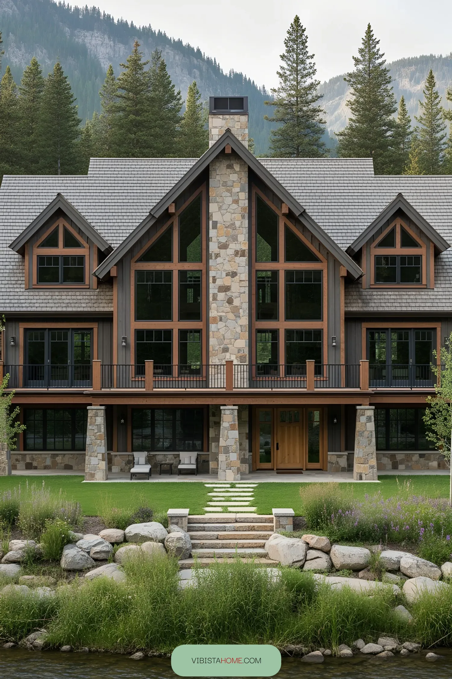 Mountain lodge set against a forested backdrop