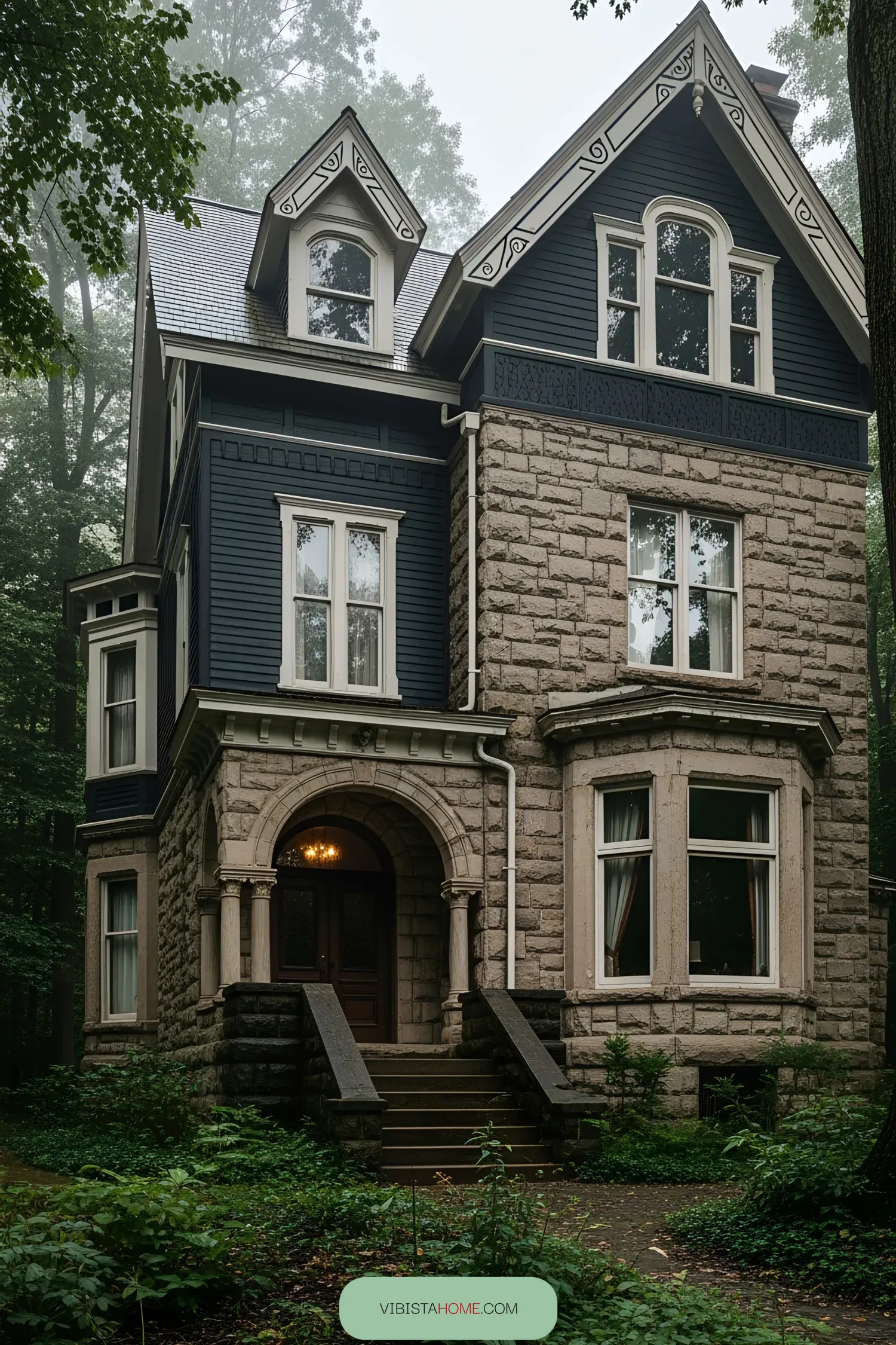 Dark Victorian house with stone facade