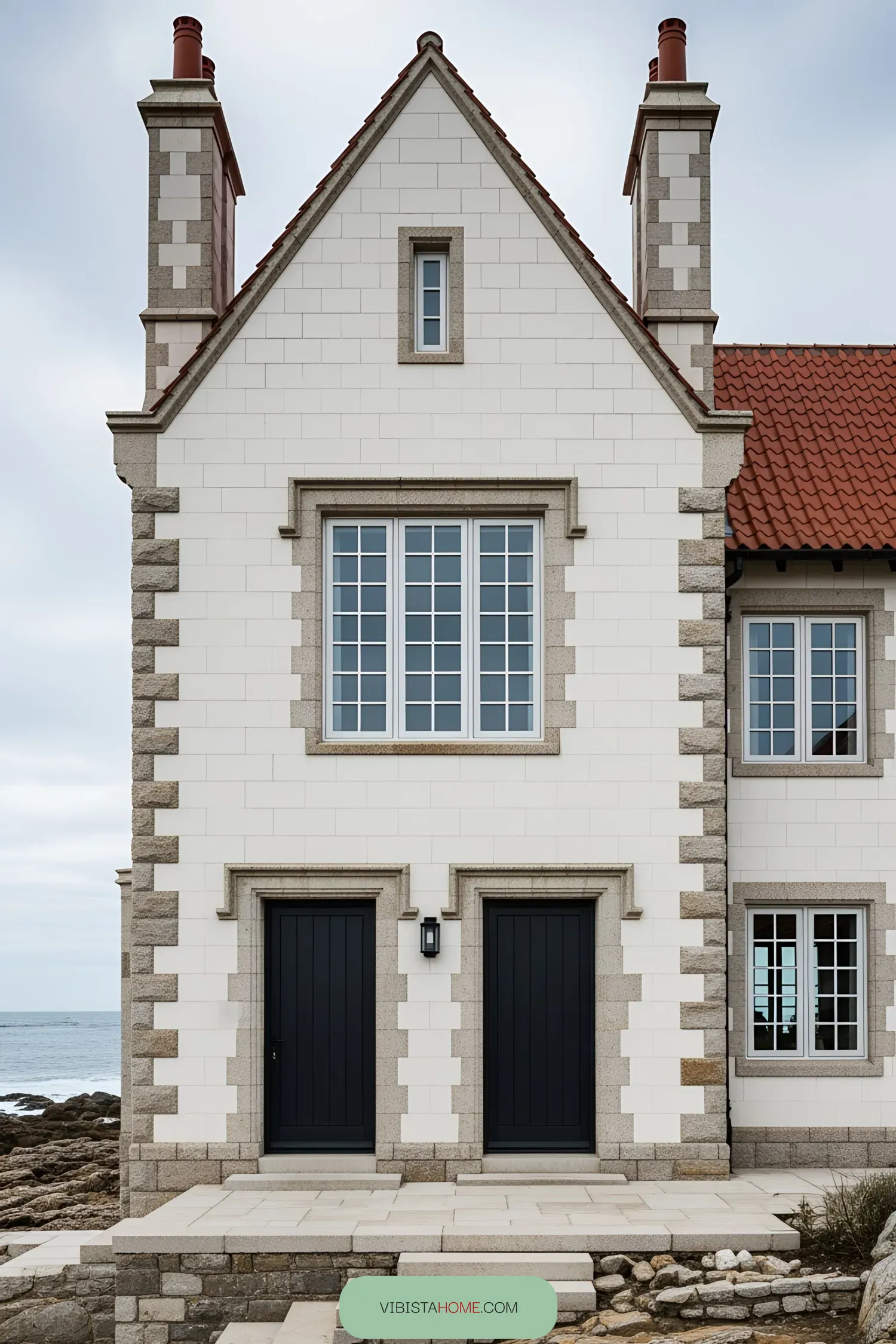 Coastal gothic house with pointed roof and twin chimneys by the sea