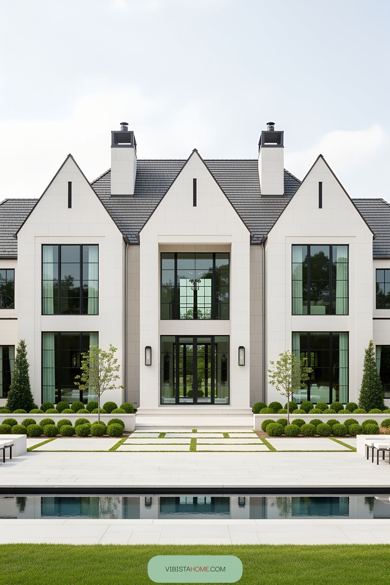 Modern white house with lush greenery