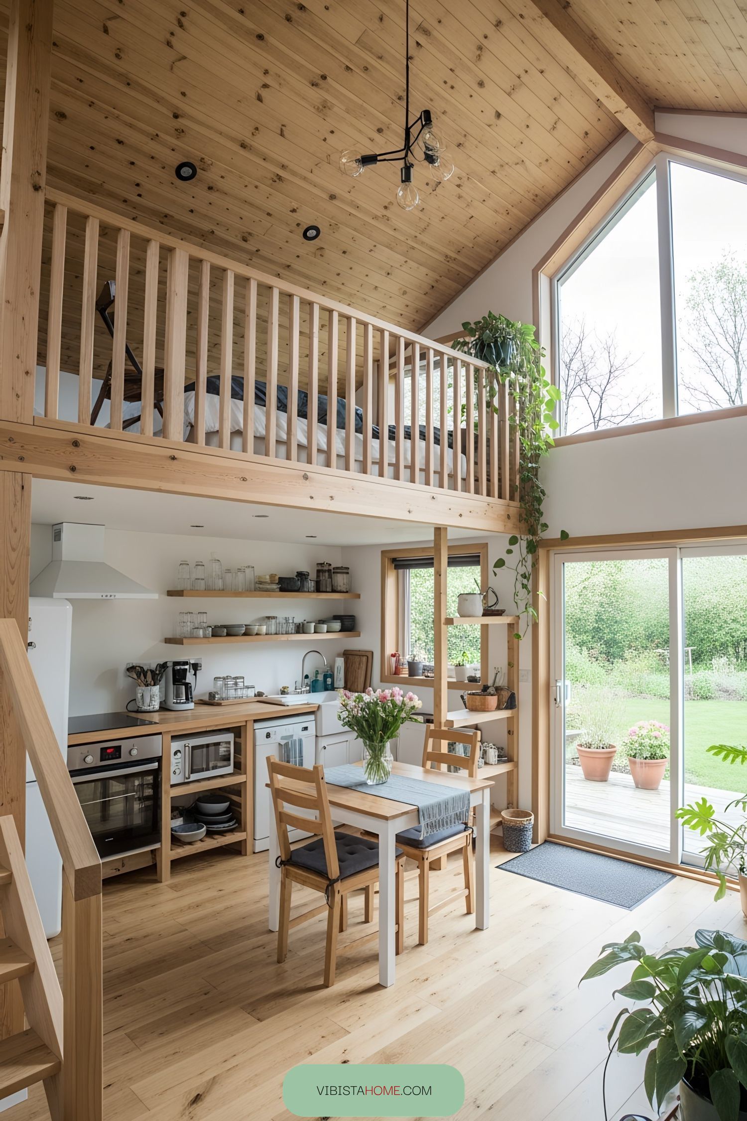 Open-concept tiny house with loft and large windows