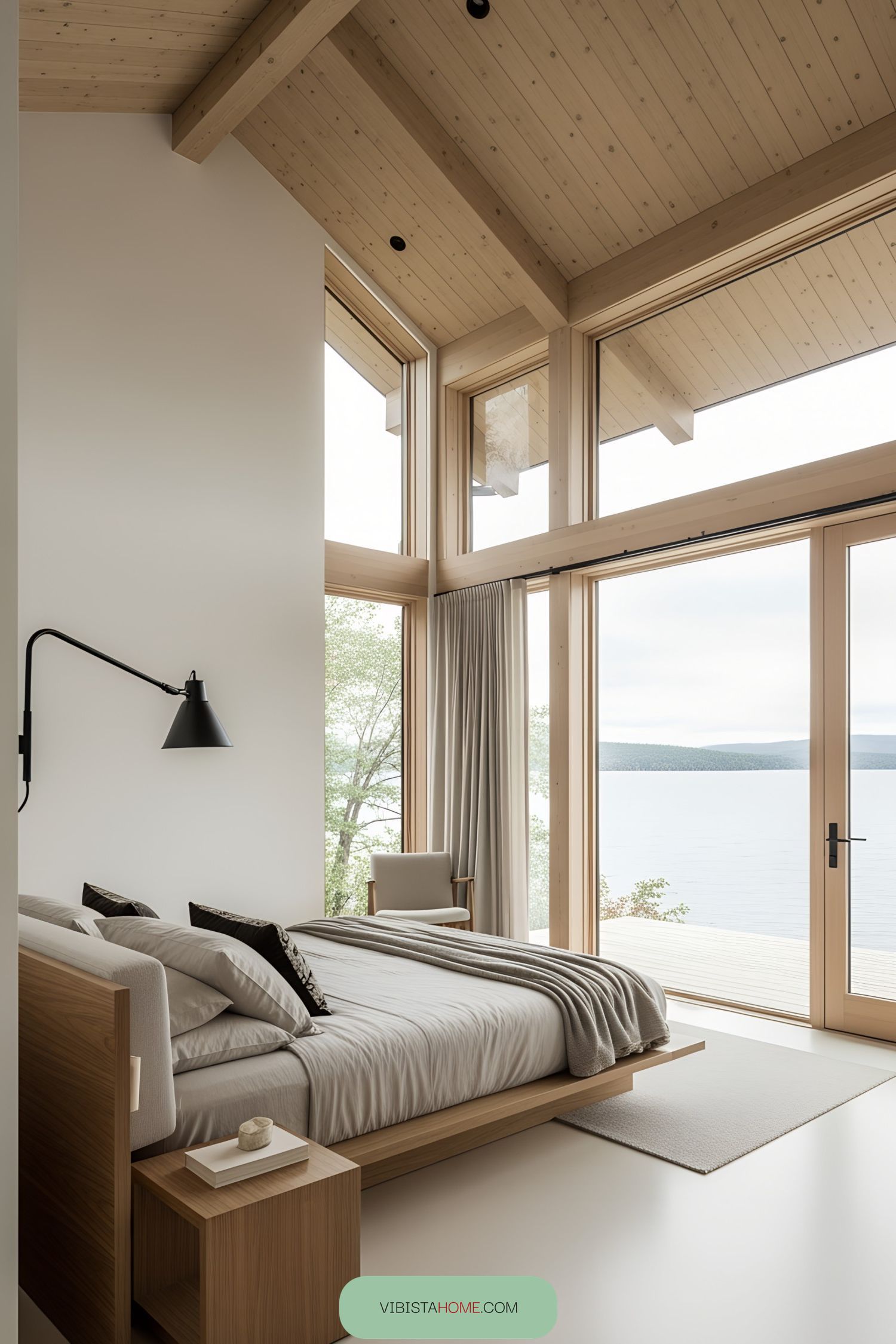 Minimalist bedroom with large windows overlooking a lake
