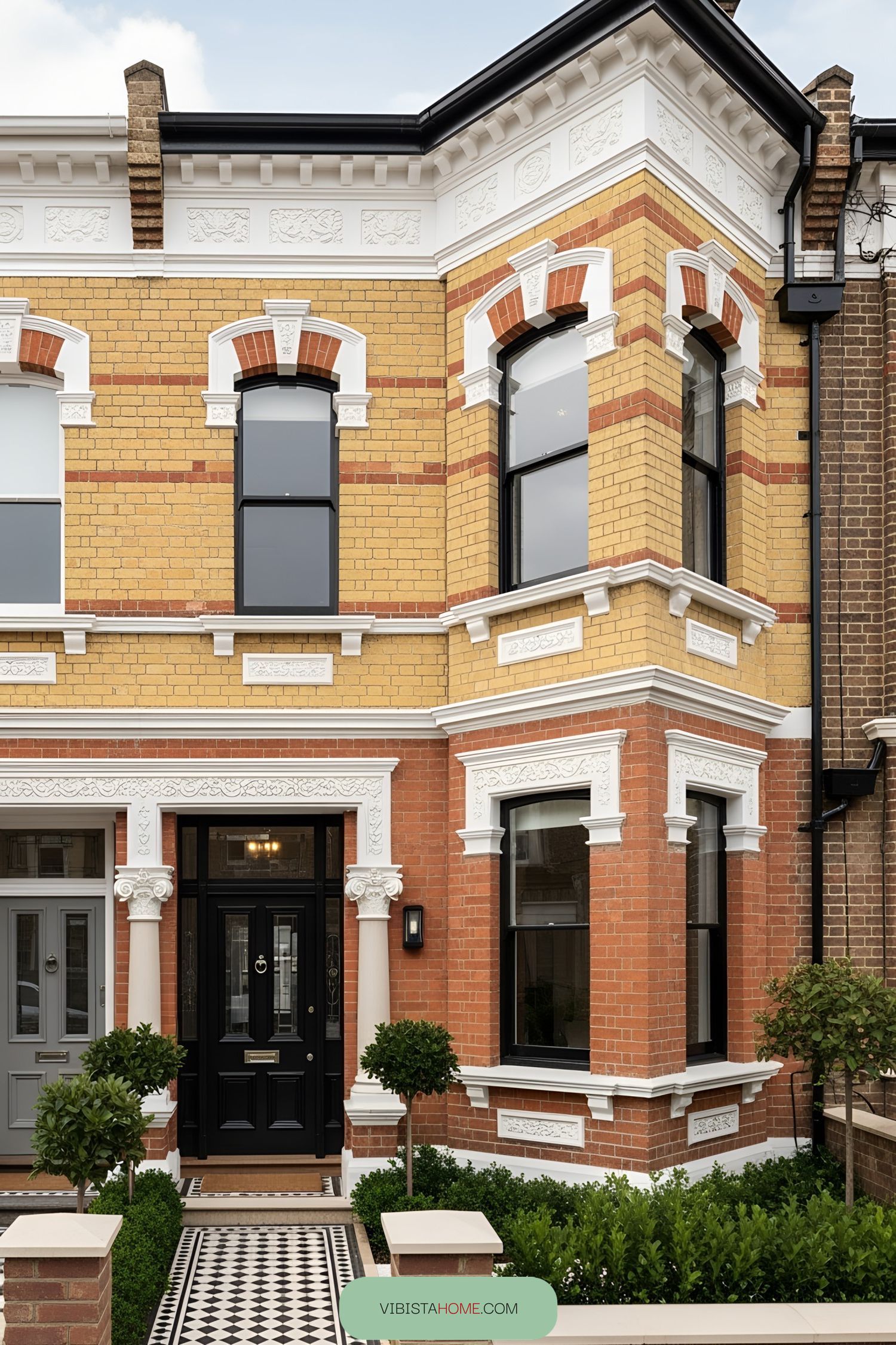 Victorian terrace with intricate brick patterns and ornate details