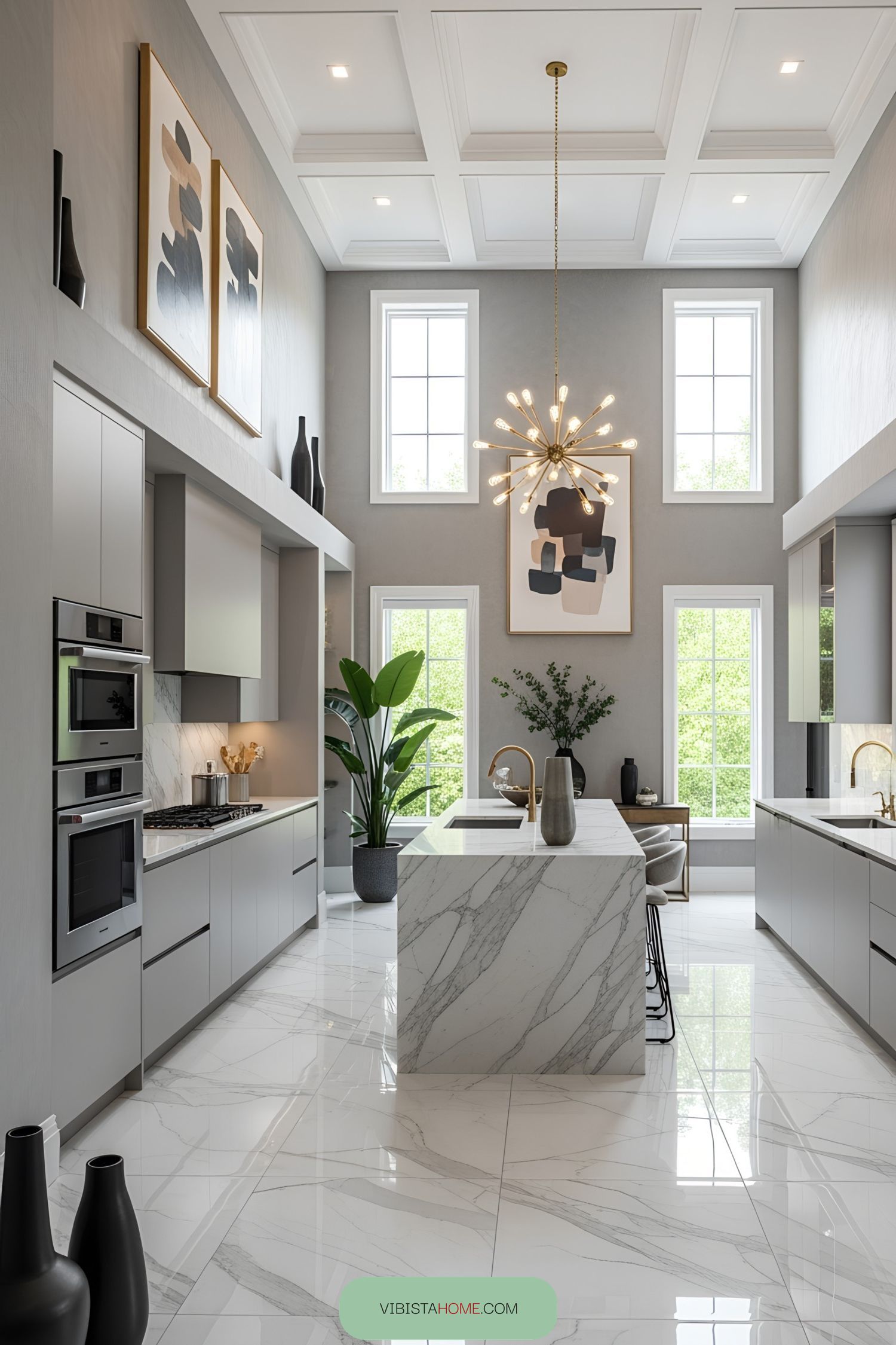 Modern kitchen with high ceilings and marble accents