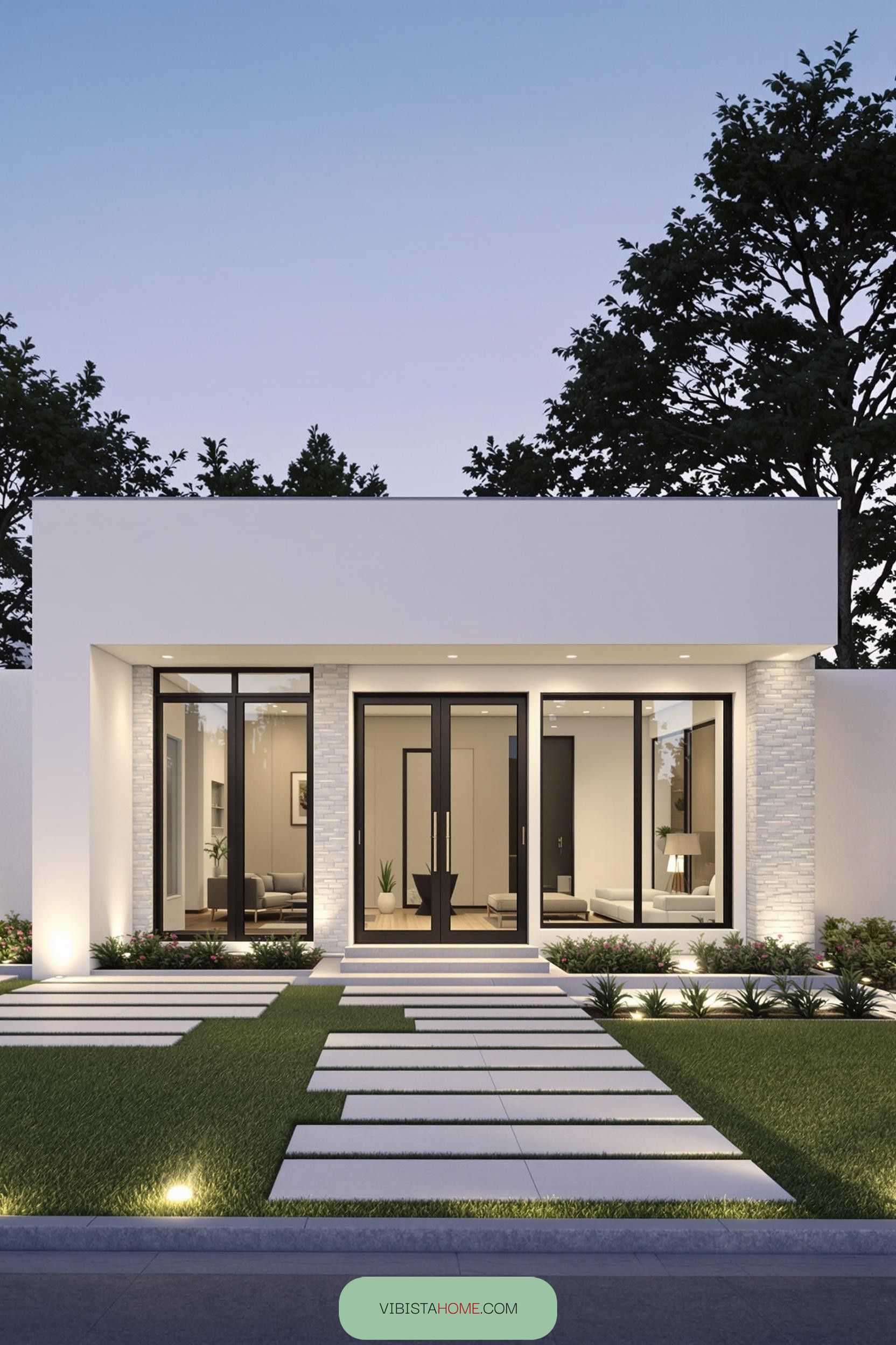 Modern minimalist bungalow exterior with lush garden and pathway