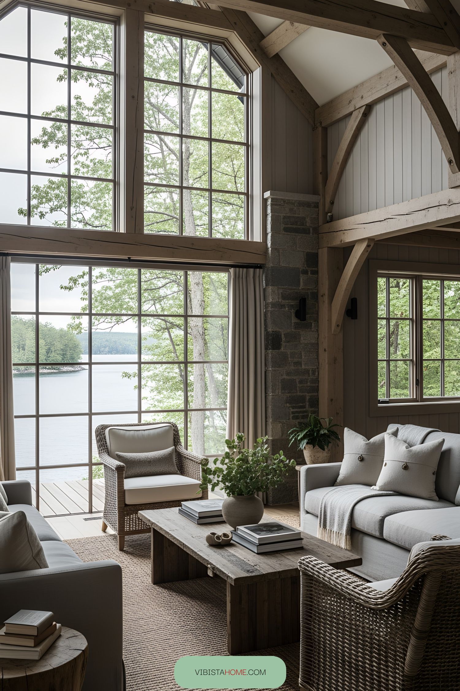 Bright and airy lake house living room with large windows