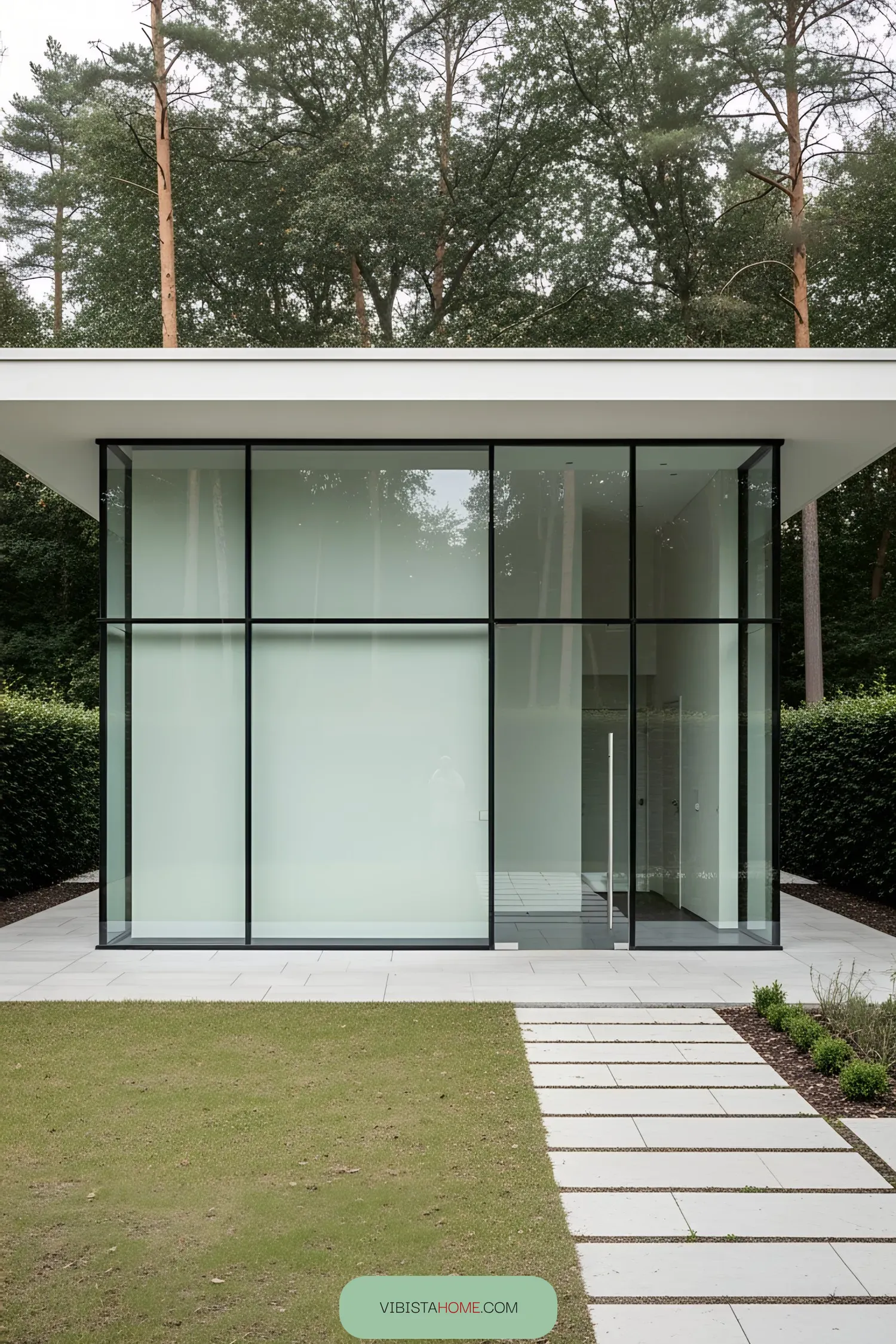 Modern glass pavilion surrounded by trees