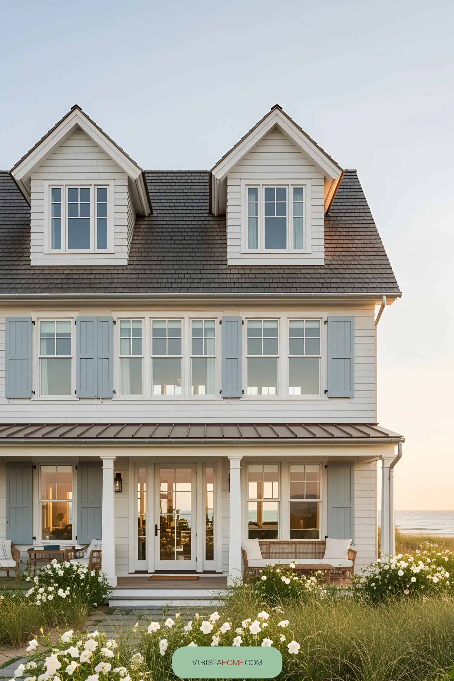Coastal house with blue shutters and white trim