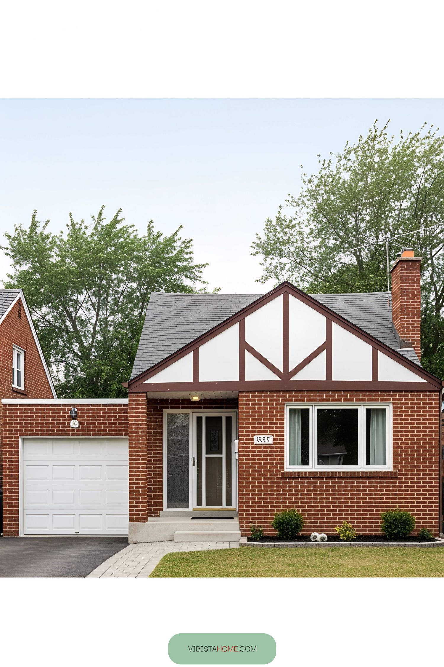 Brick bungalow with a garage and lush trees