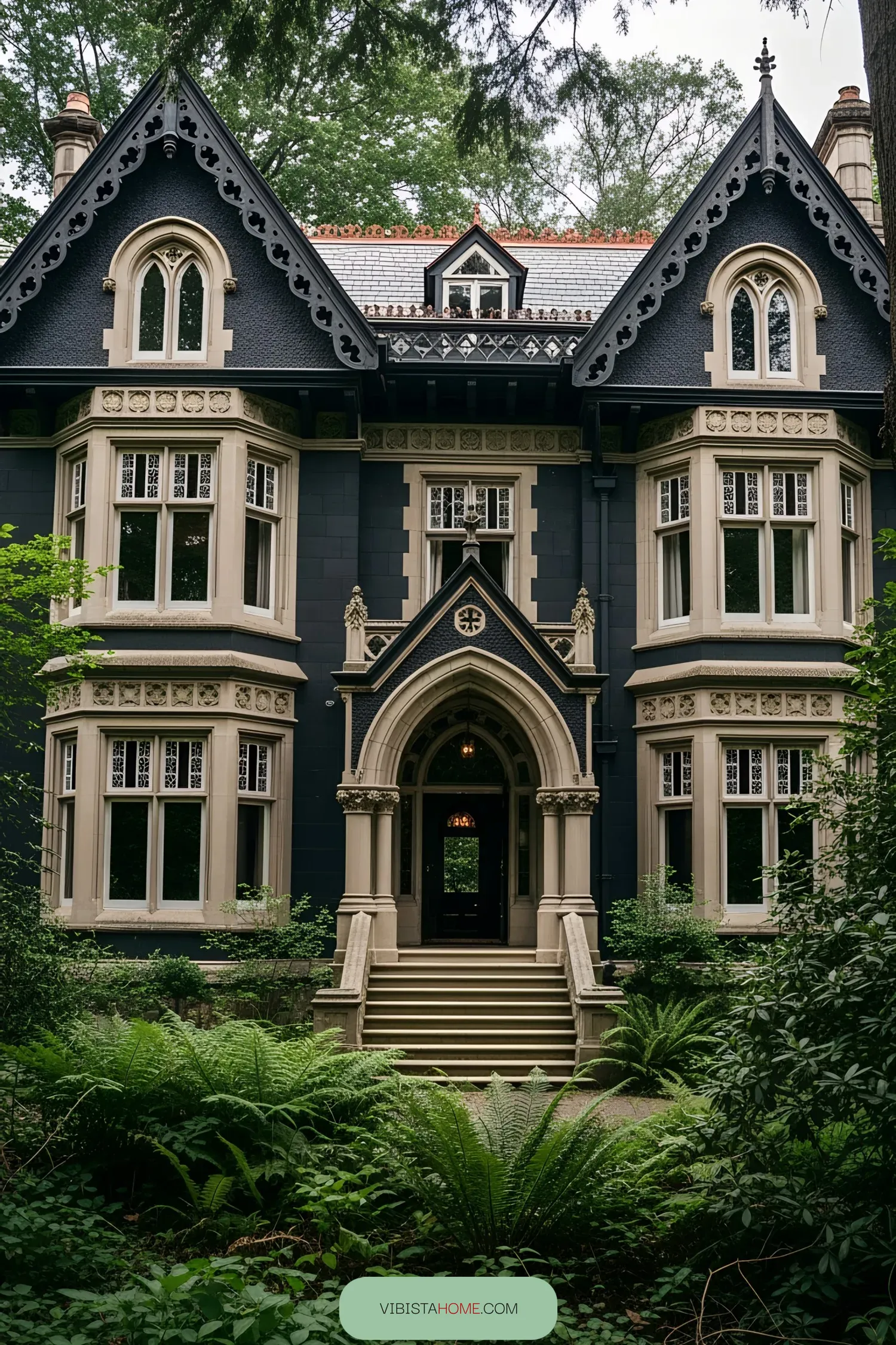 A dark Victorian house with dramatic architecture
