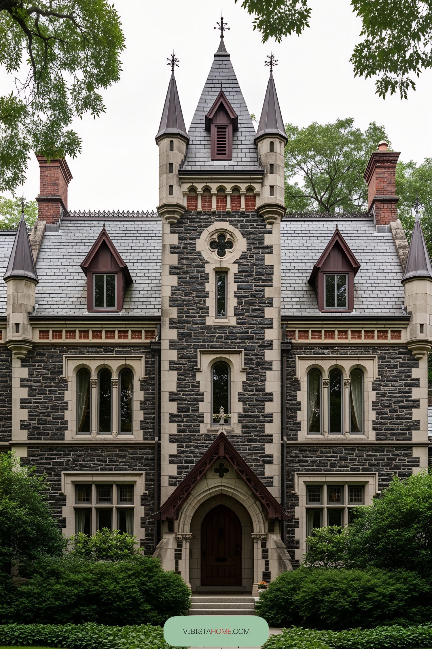 Gothic Victorian house with pointed towers and intricate stonework
