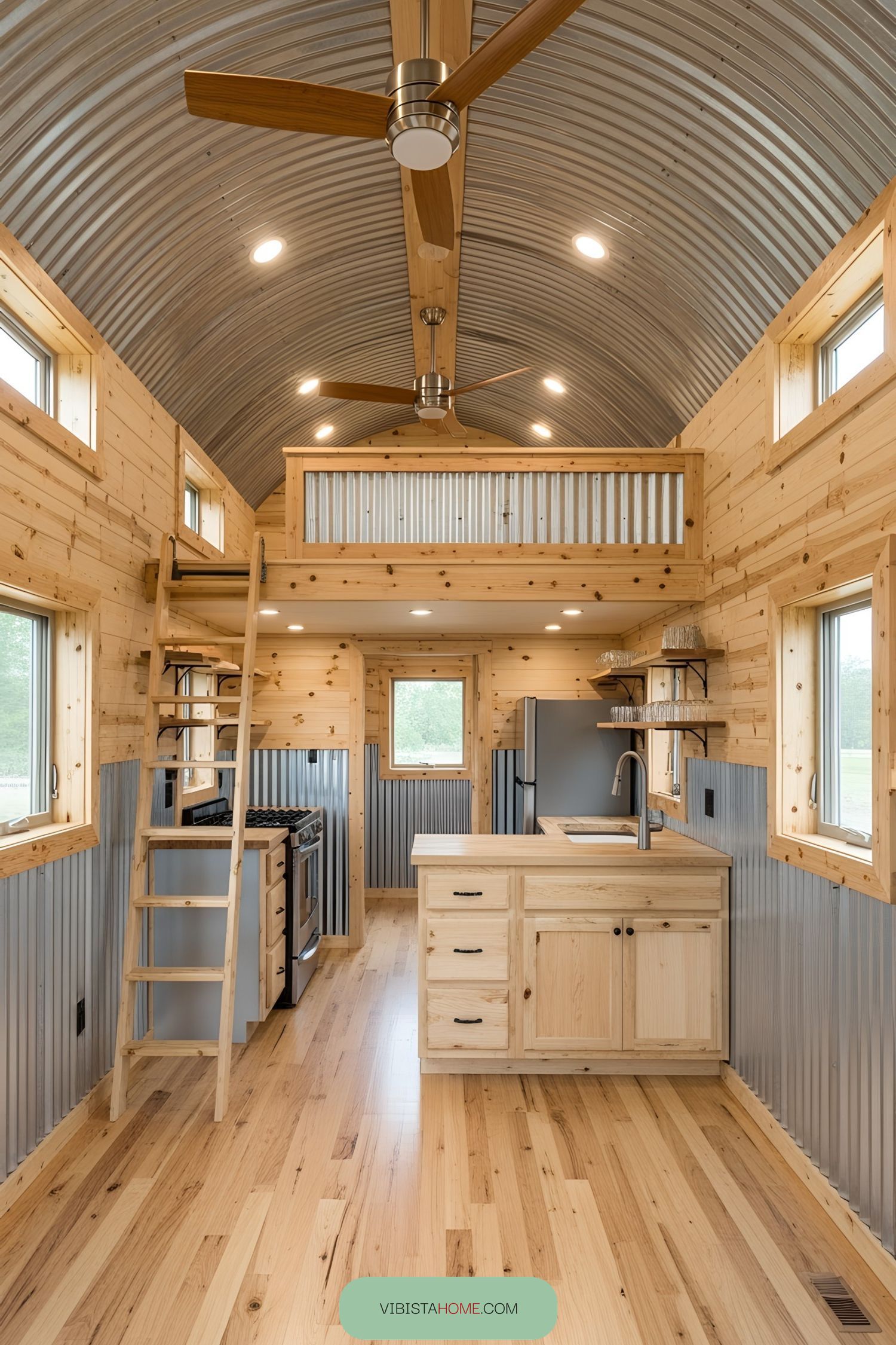 Tiny house with a wooden loft and corrugated metal ceiling