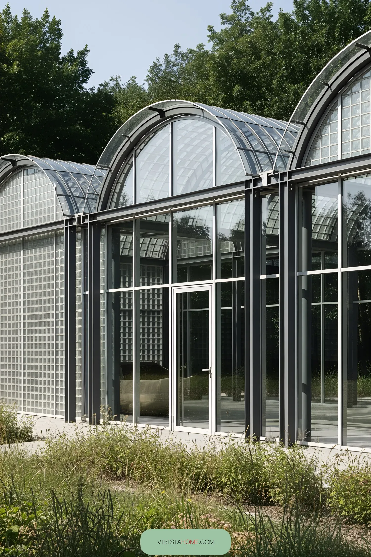 Glass pavilion with curved roof amidst greenery