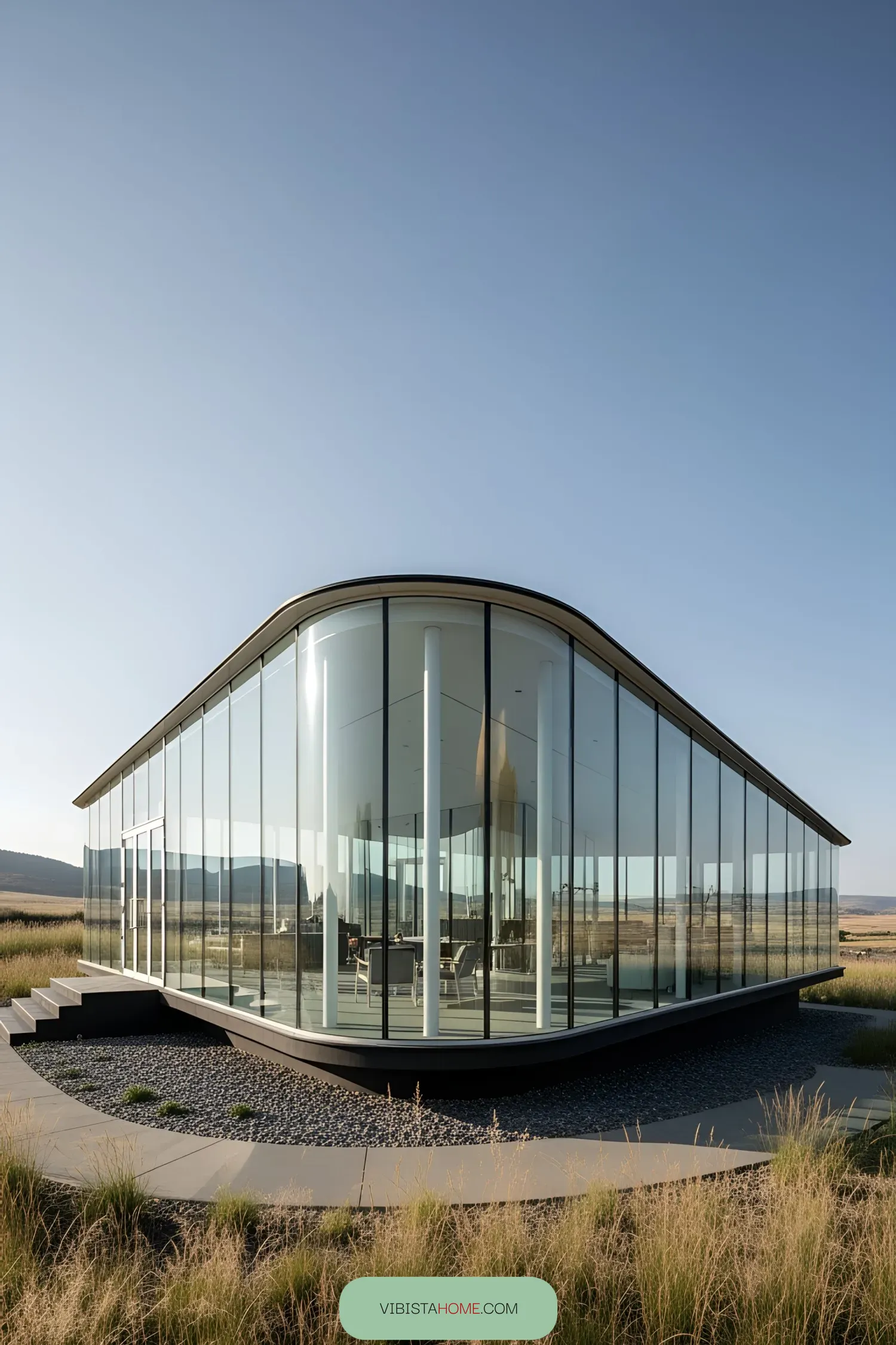 Sleek glass pavilion with panoramic views