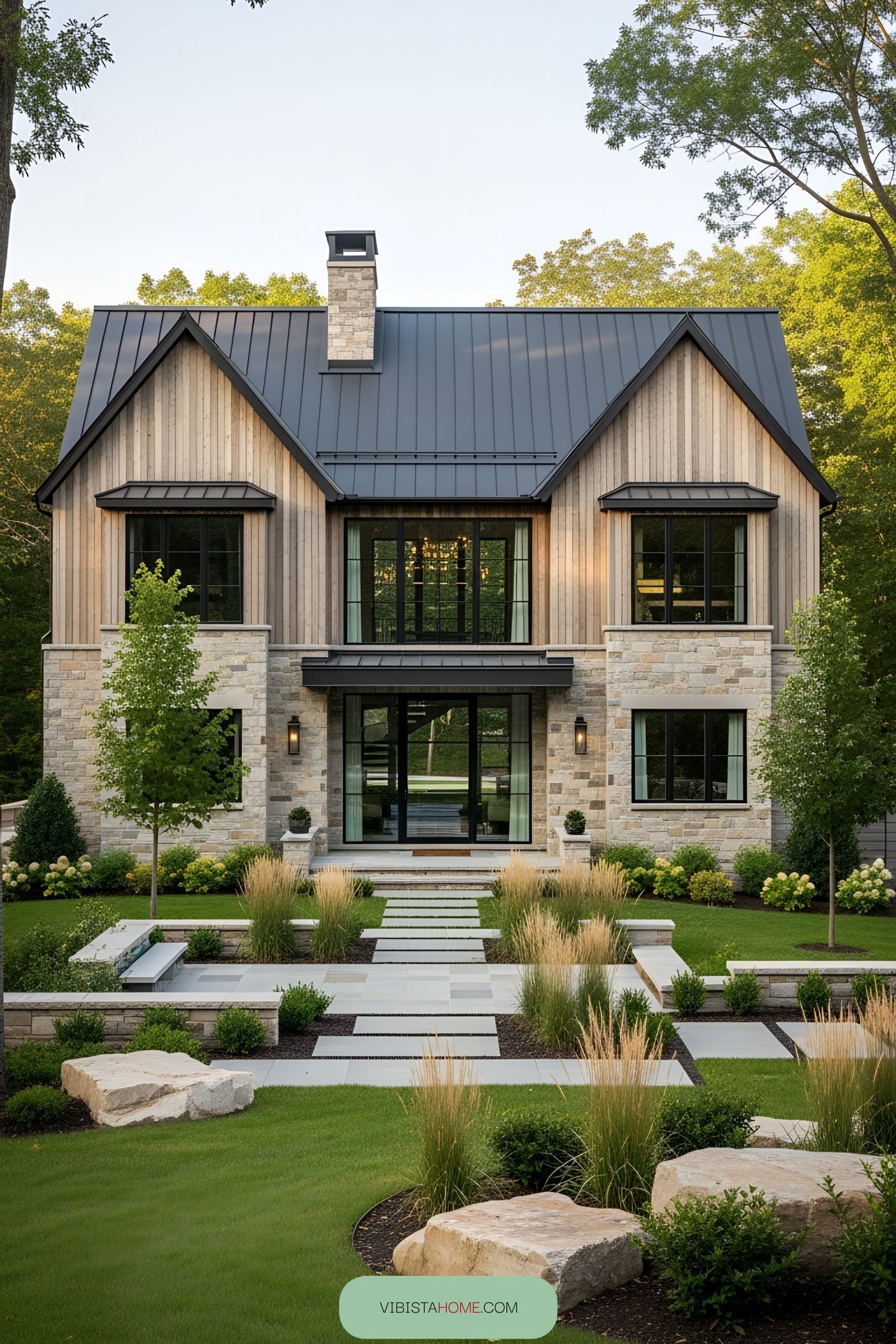 Modern rustic house with wood and stone façade in a lush setting