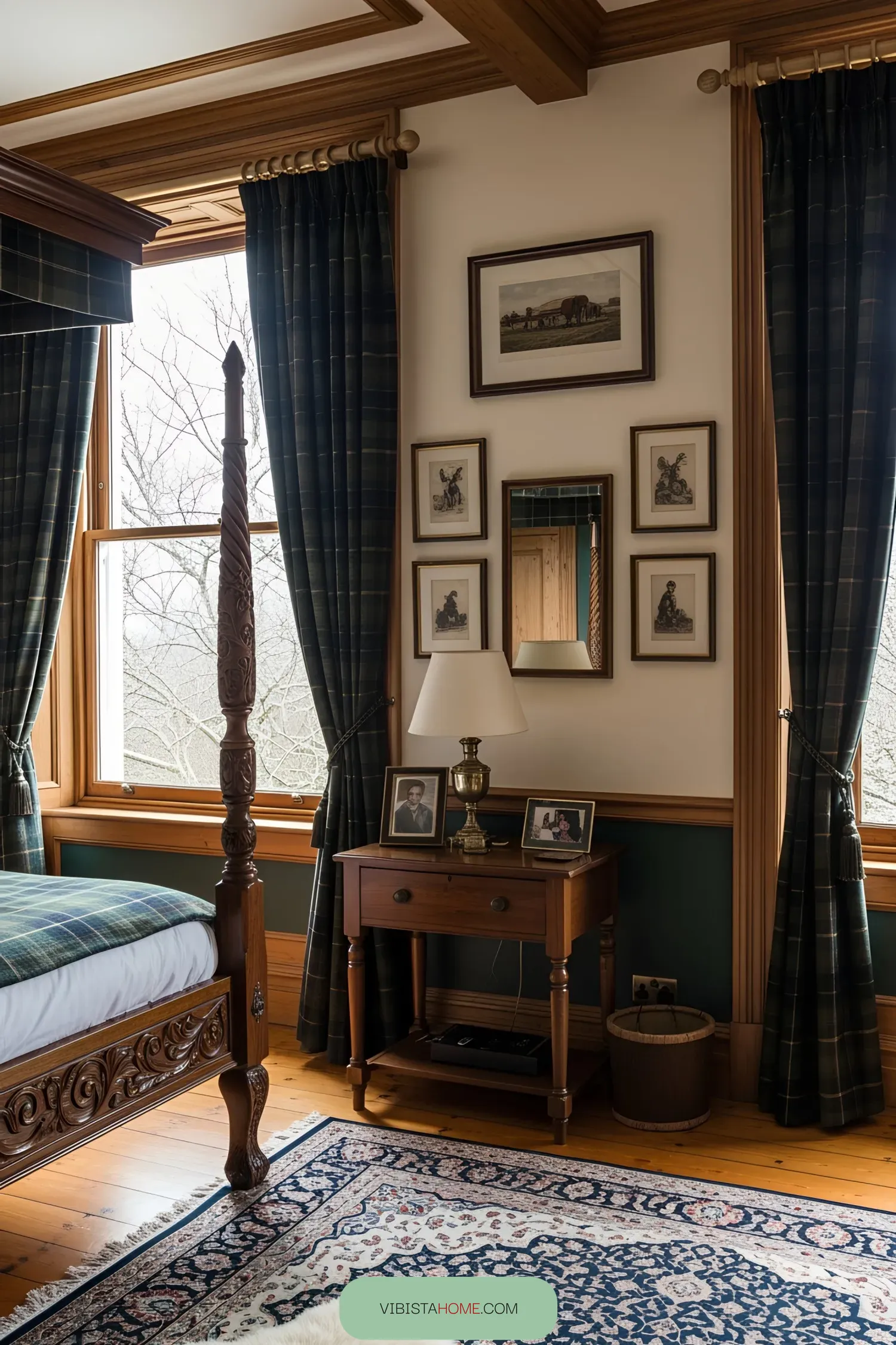 Cozy Scottish bedroom with tartan curtains and wooden accents