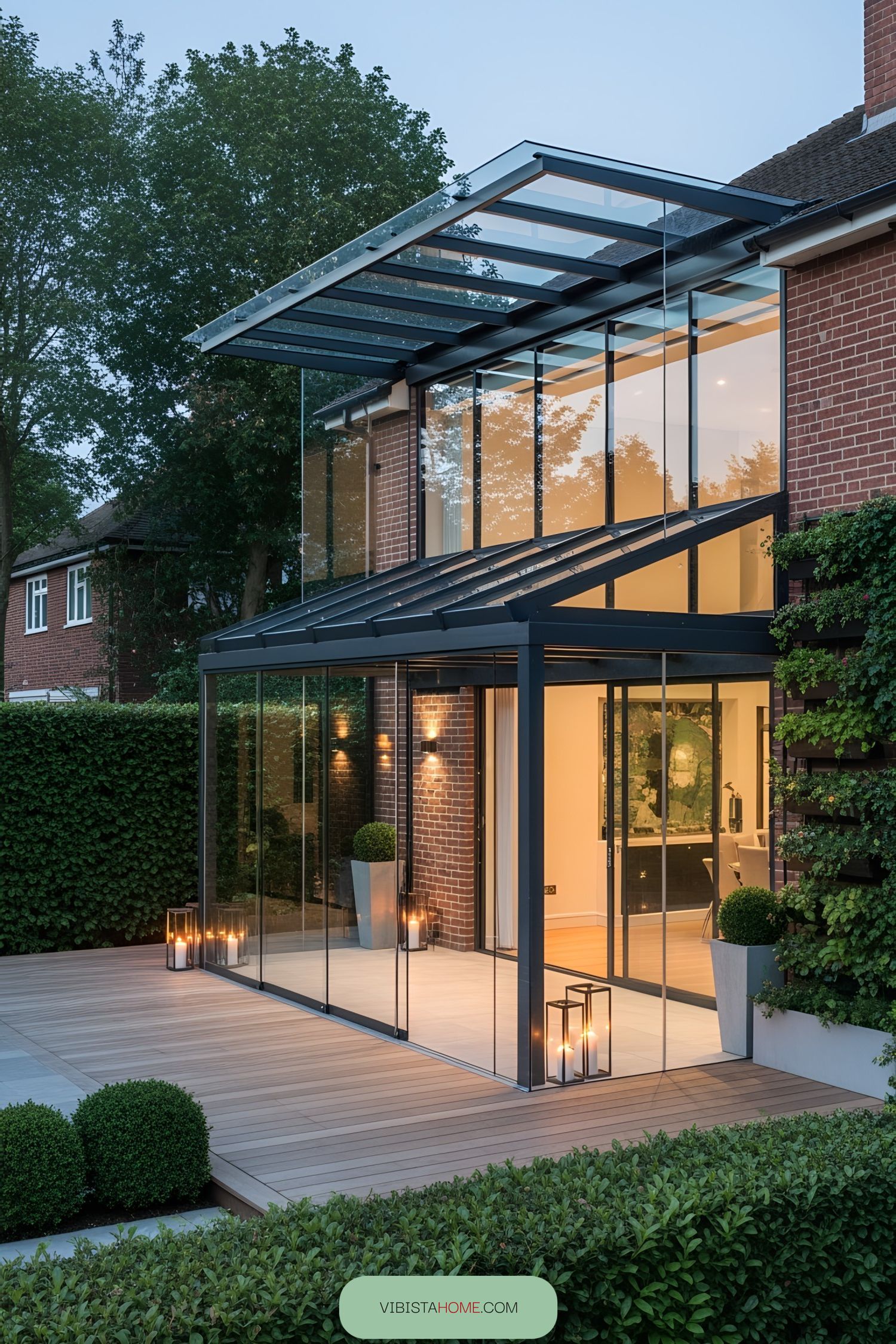 Contemporary glass terrace with elegant lighting