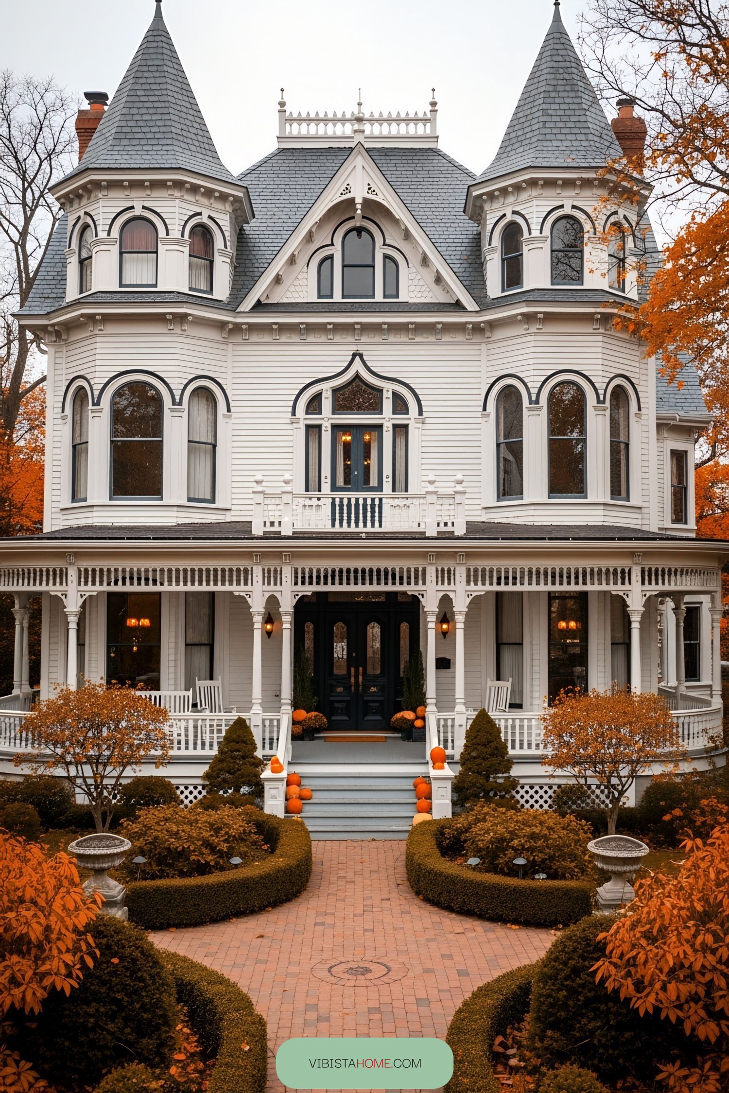 Gothic Victorian house with turrets and autumn colors