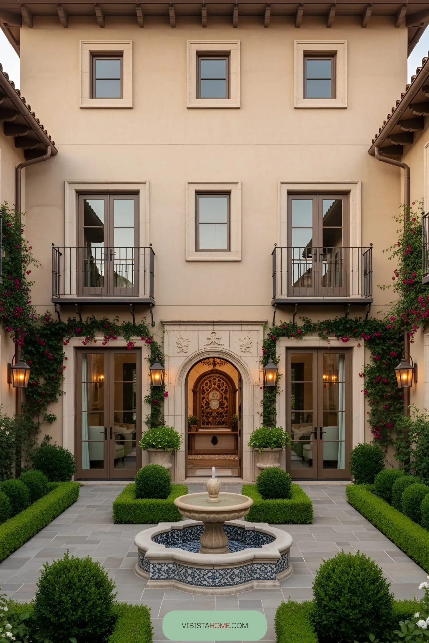 Traditional Spanish farmhouse courtyard with fountain and greenery