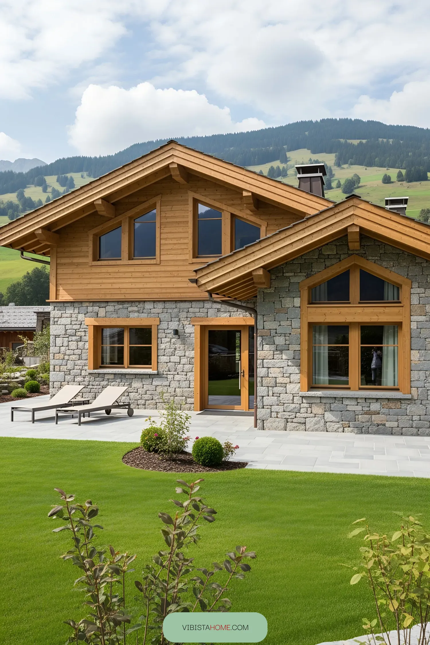 Chalet with stone facade and wooden accents surrounded by lush greenery