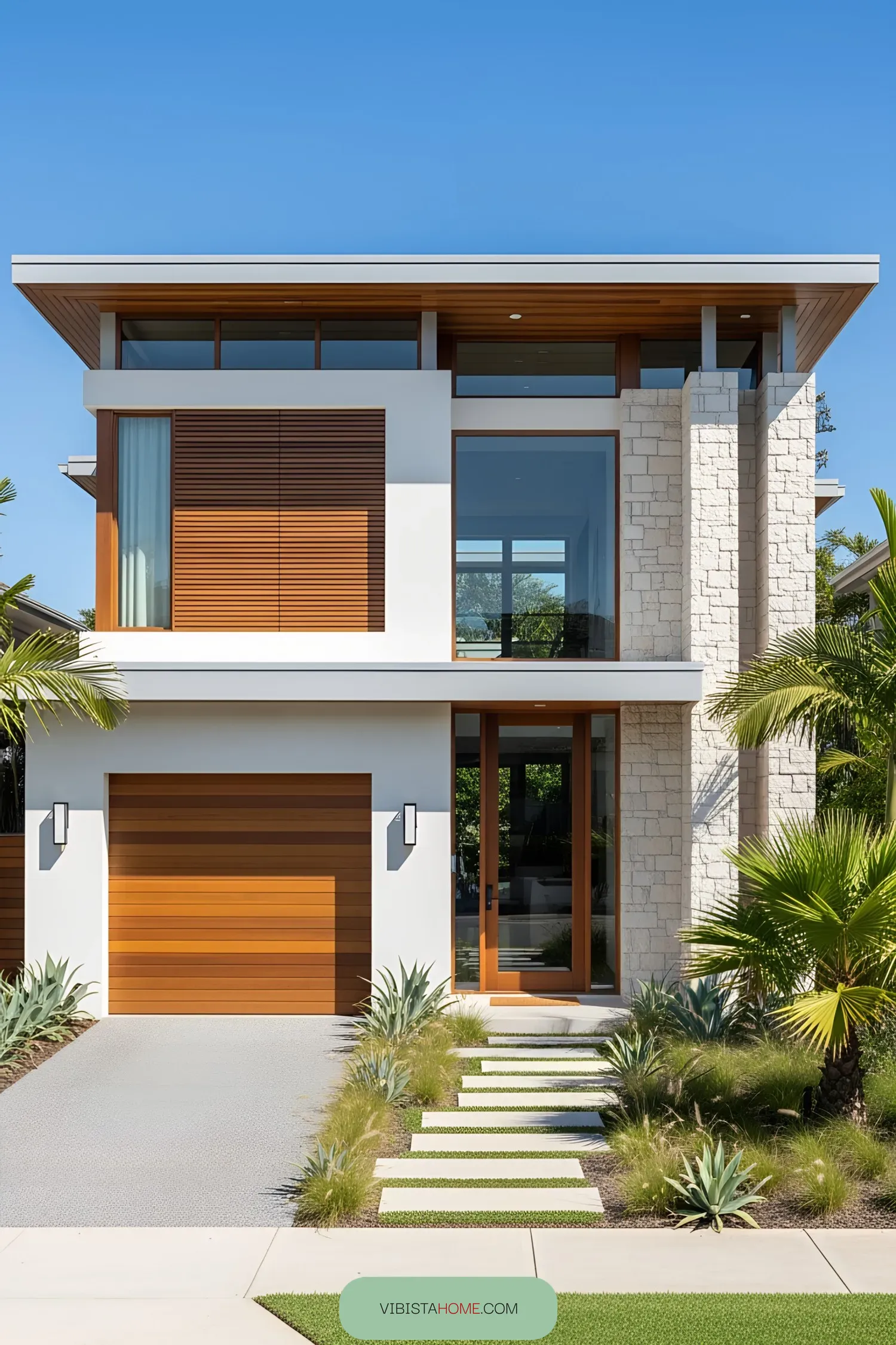 Modern coastal house with palm landscaping