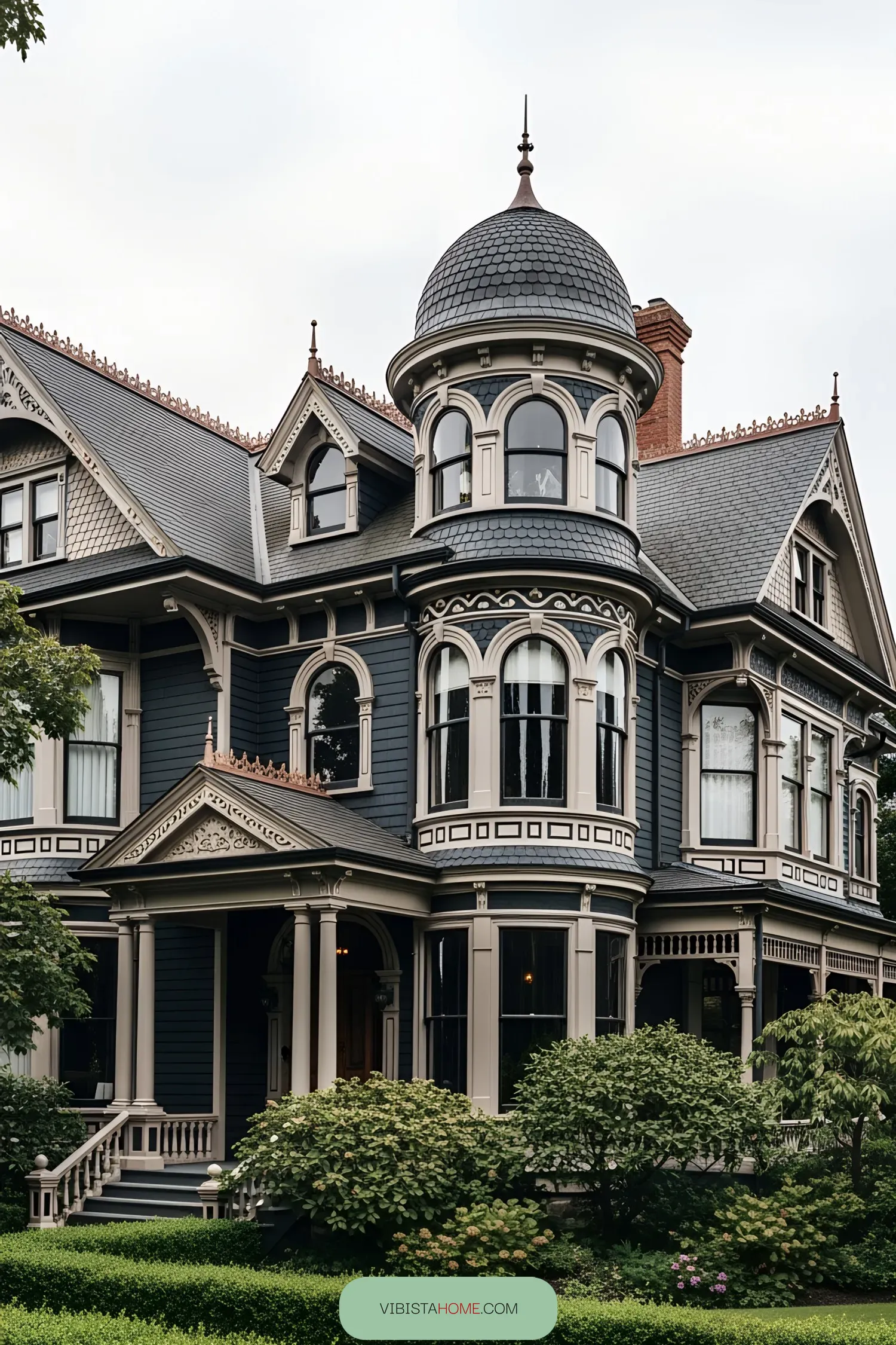 A dark Victorian house with an ornate turret and lush greenery