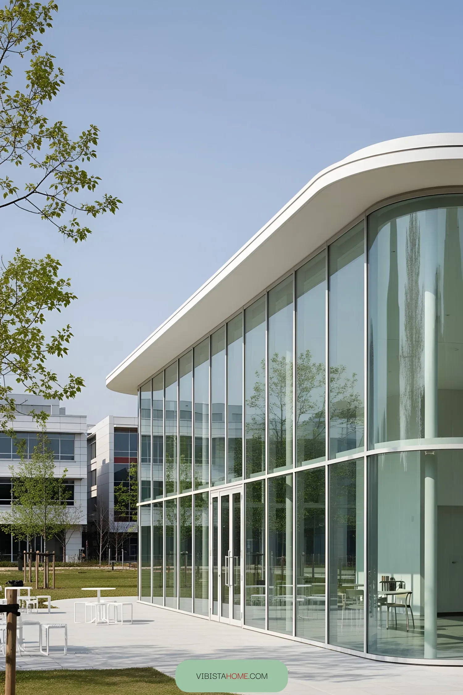 Modern glass pavilion with transparent walls and a curved roof, surrounded by greenery