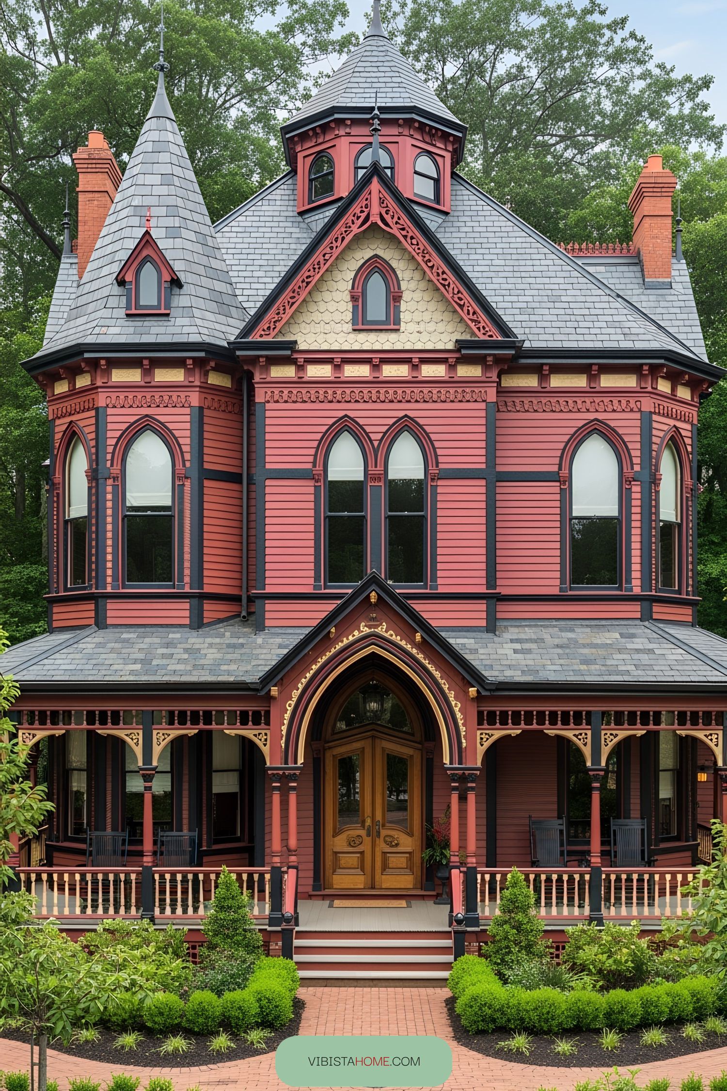 Elegant Gothic Victorian house with red brick facade and spires